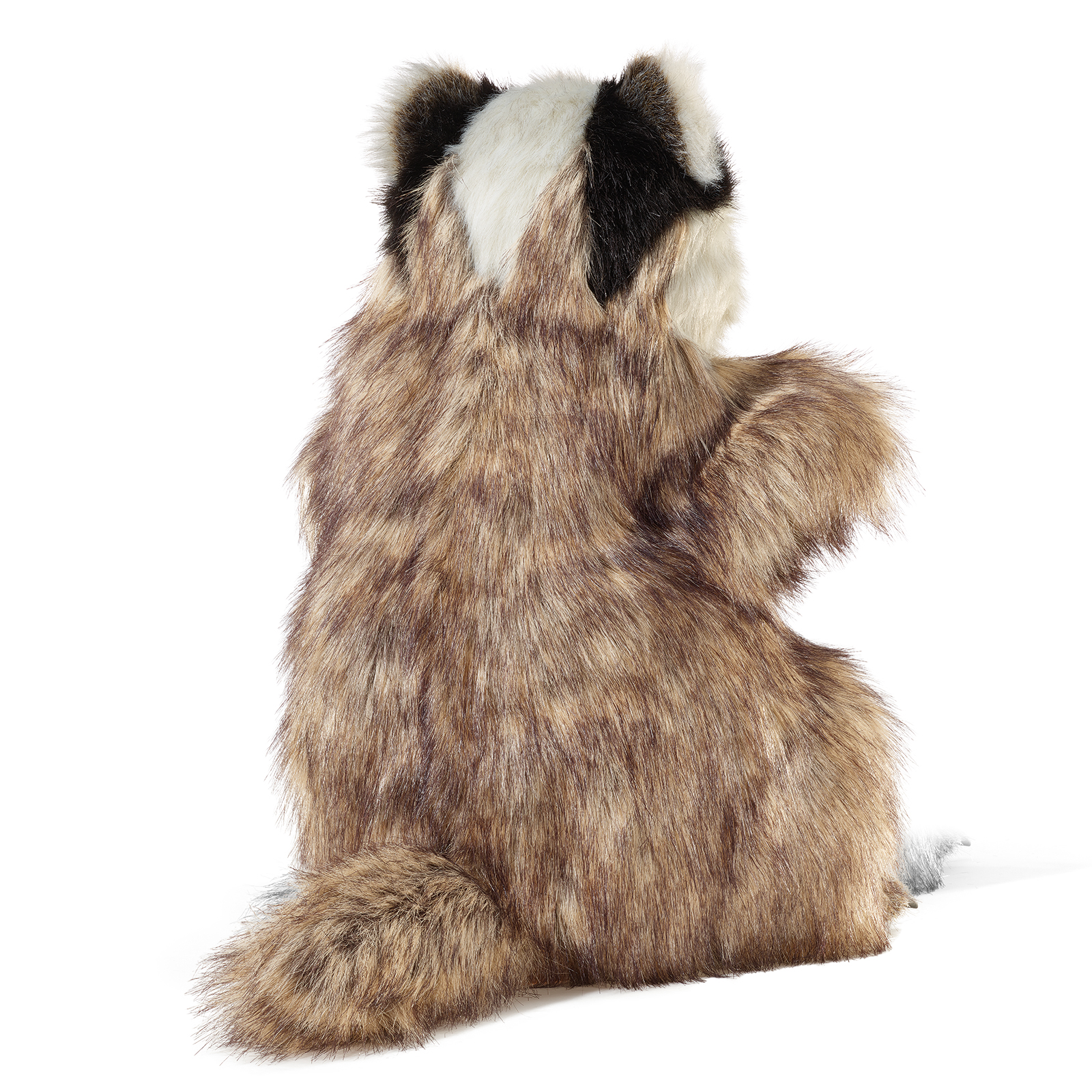 Folkmanis Handpuppe Dachs von hinten, mit buschigem Schwanz, braungrauem Rückenfell und einer erhobenen Vorderpfote.