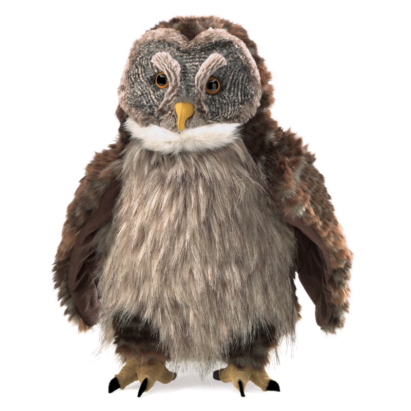 Folkmanis Handpuppe Eule, braun-grau gefleckt mit gelbem Schnabel und bernsteinfarbenen Augen, Frontalansicht