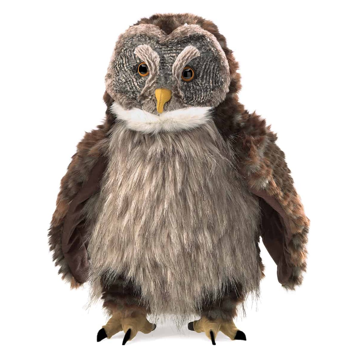 Folkmanis hooting owl hand puppet, brown-grey spotted with a yellow beak and amber eyes, front view