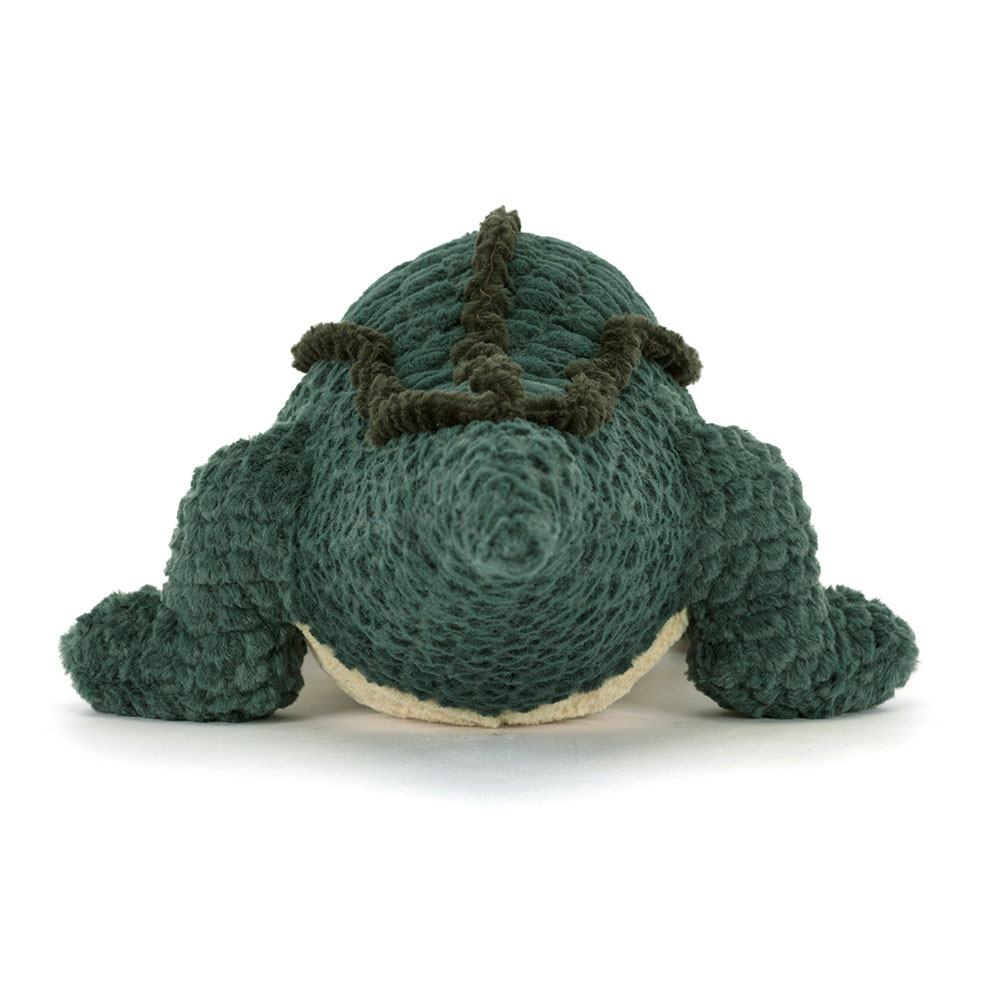 Jellycat Kuscheltier Alligator Allexi, Rückansicht des Kopfes mit dunkelgrünen Zacken