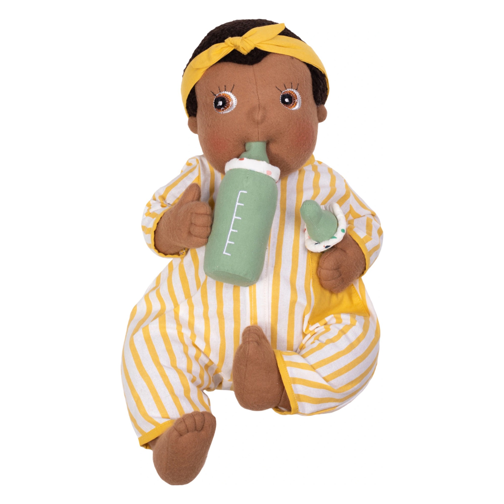 Rubens Barn Baby-Puppe im gestreiften Strampler mit der grünen Stoffflasche