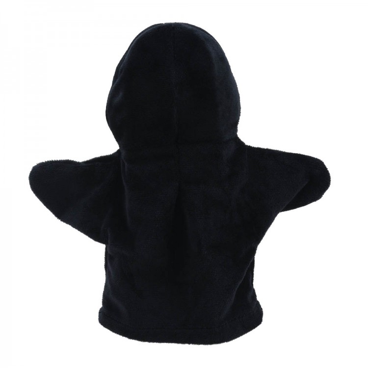 The Puppet Company baby hand puppet penguin, back view with the black hood shape