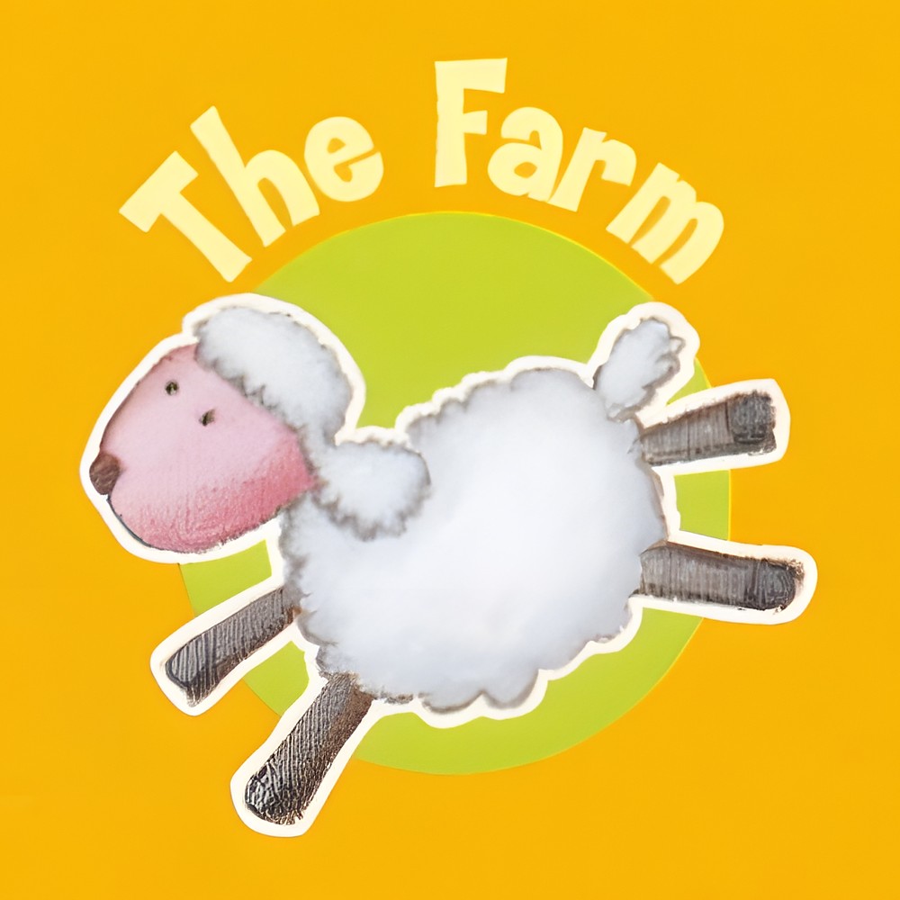 decofun Animal Farm logo The Farm, jumping sheep on a yellow background, border packaging motif