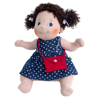 Rubens Kids doll Alma with dark pigtails, blue dotted dress and red shoulder bag