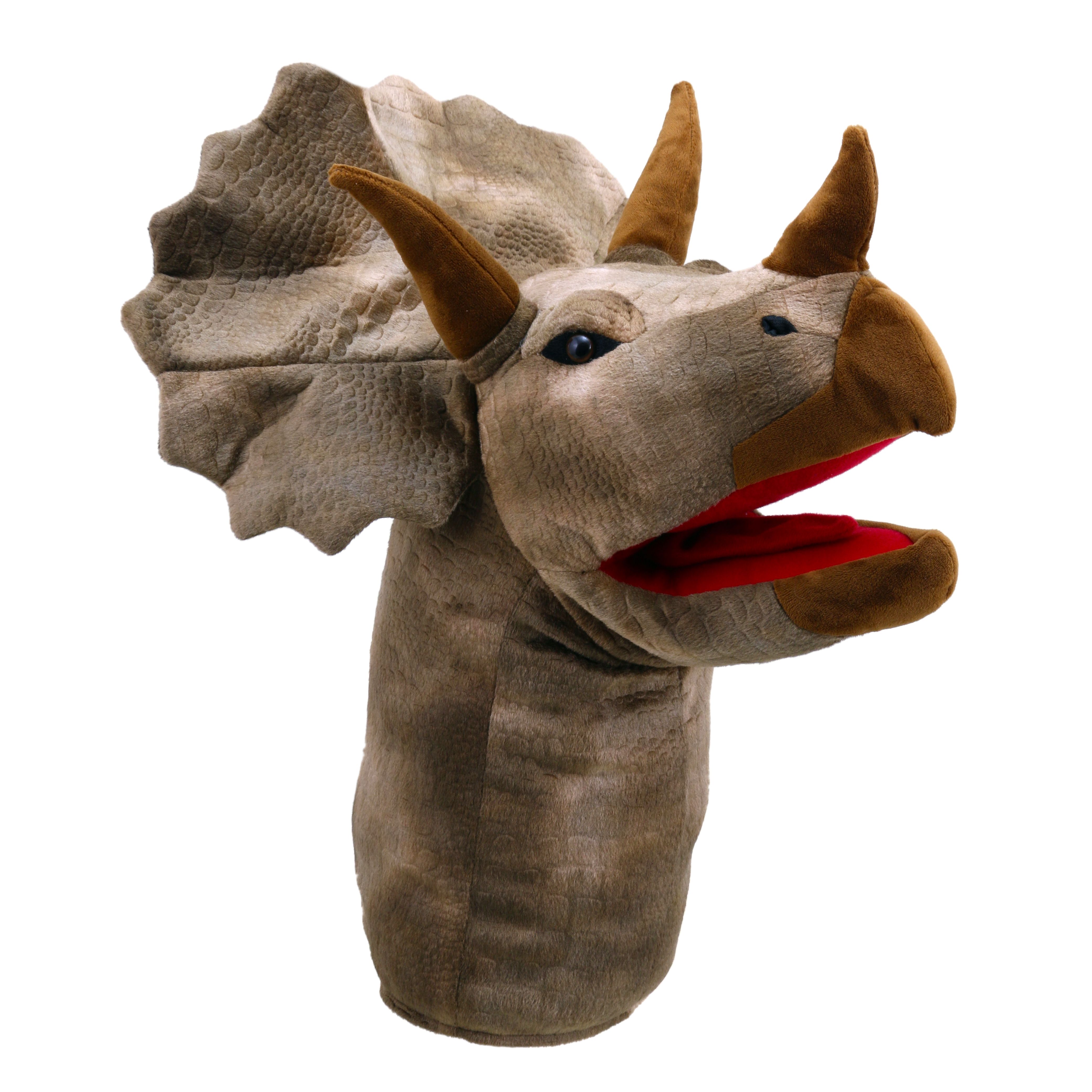 The Puppet Company Handpuppe Triceratops-Dinosaurierkopf, grauer Kopf mit Hörnern, Nackenschild und rotem Maul