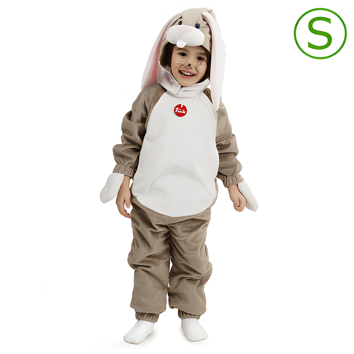 Trudi children's costume rabbit, beige full-body suit with hood, pink bunny ears and a white chest panel, size S