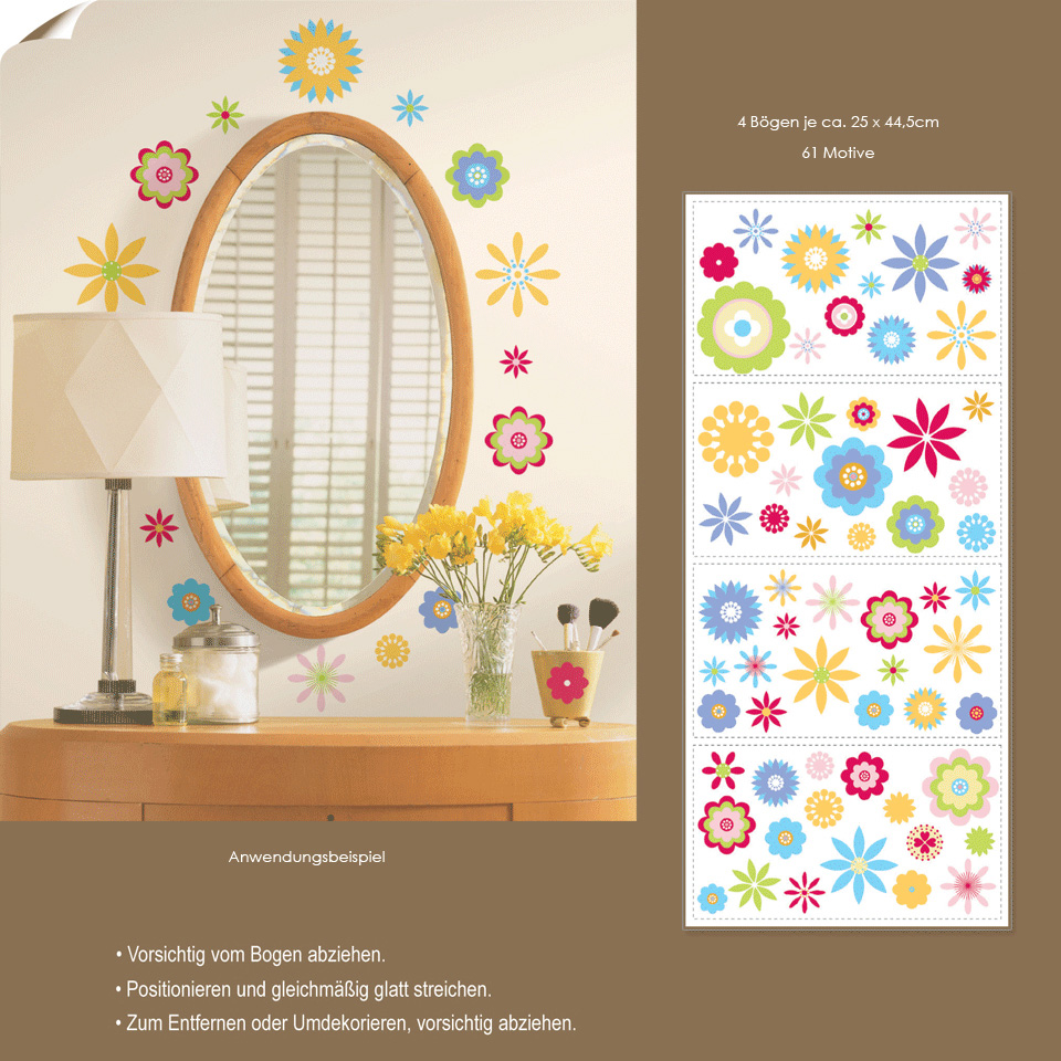 RoomMates Wandsticker Graphic Flowers Peel & Stick, Infografik mit Anwendungsbeispiel am Spiegel, Bogengröße und Motivanzahl sowie Anbringhinweisen