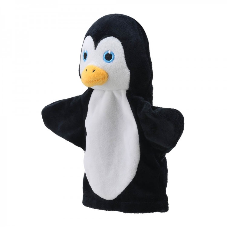 The Puppet Company baby hand puppet penguin, black and white puppet, slightly angled view
