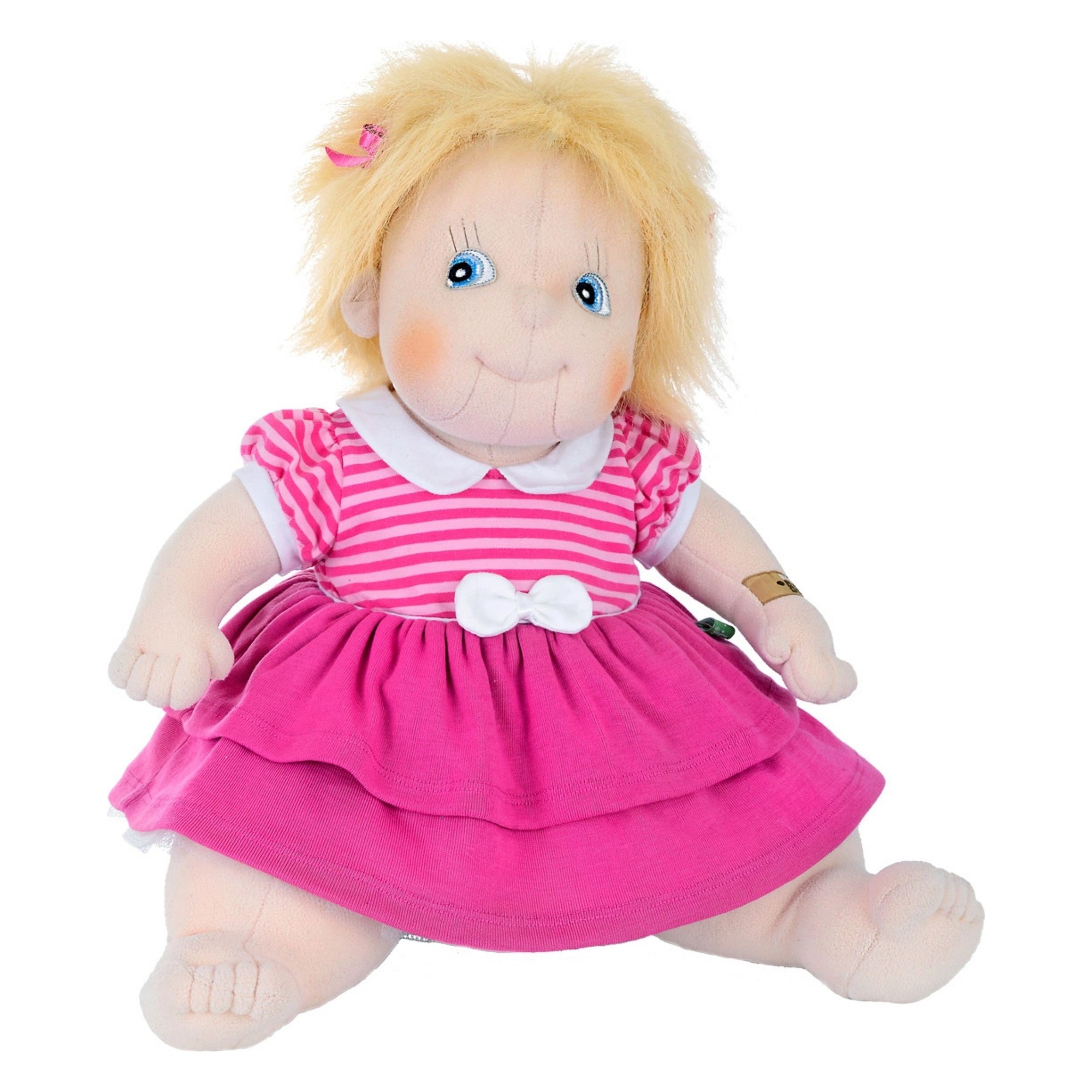 Rubens Barn Original-Puppe Ida mit blondem Haar und pinkem Kleid mit weißer Schleife, sitzend