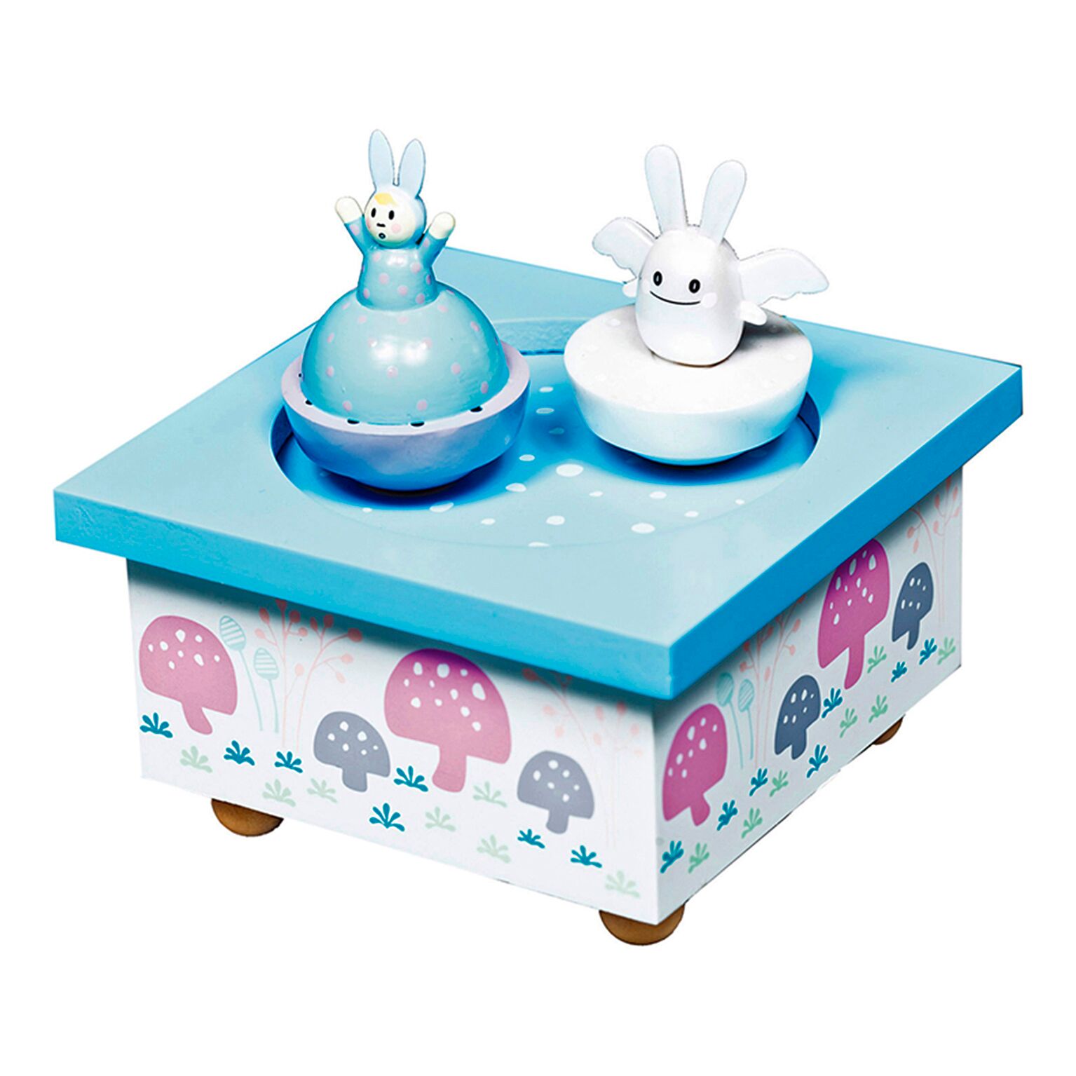 Trousselier music box Ange Lapin, blue and white wooden box with a mushroom print and rotating bunny figures in blue and pink