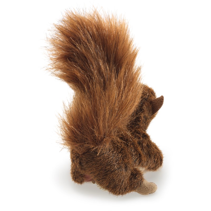 Folkmanis mini red squirrel finger puppet in reddish brown with a bushy tail, rear view