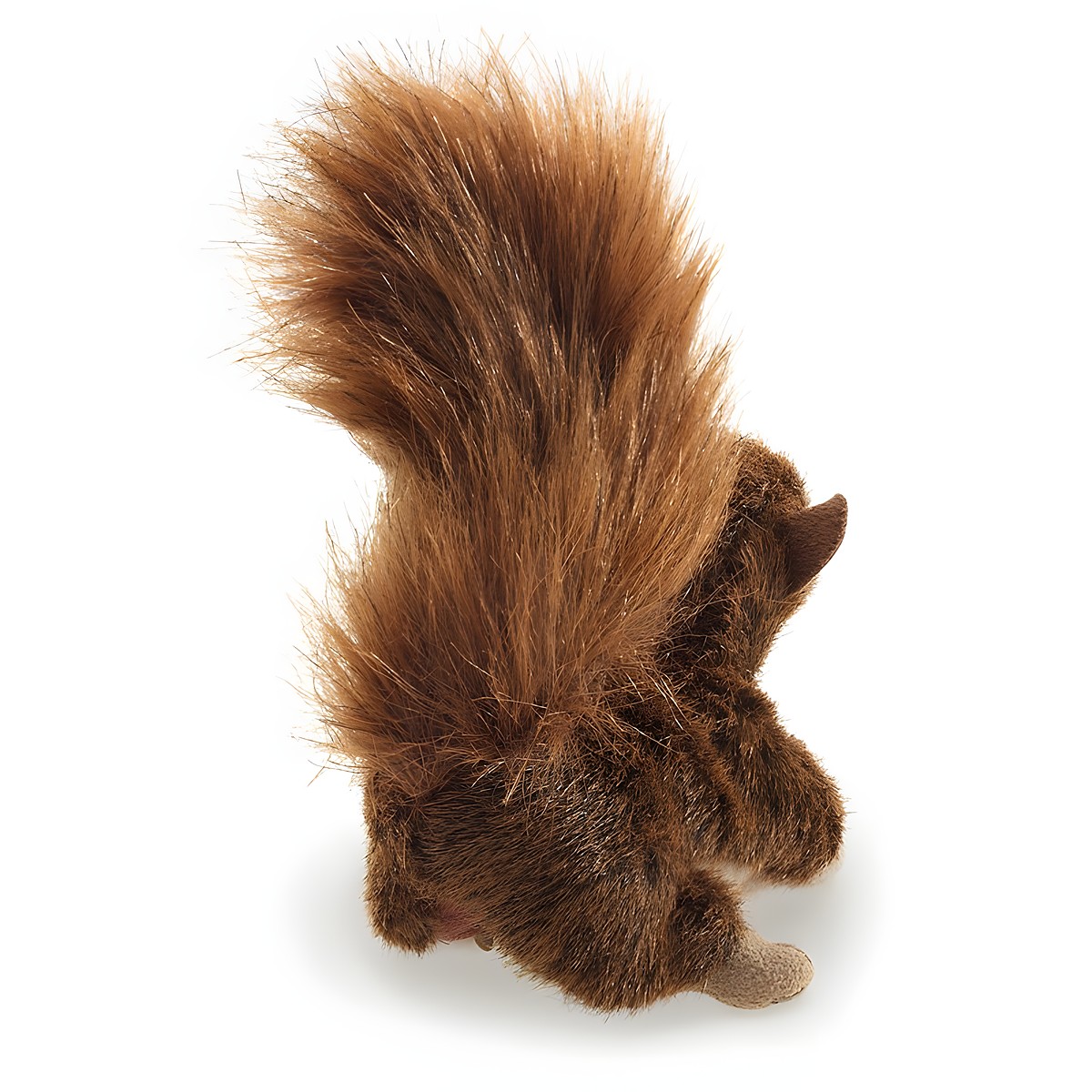 Folkmanis mini red squirrel finger puppet in reddish brown with a bushy tail, rear view