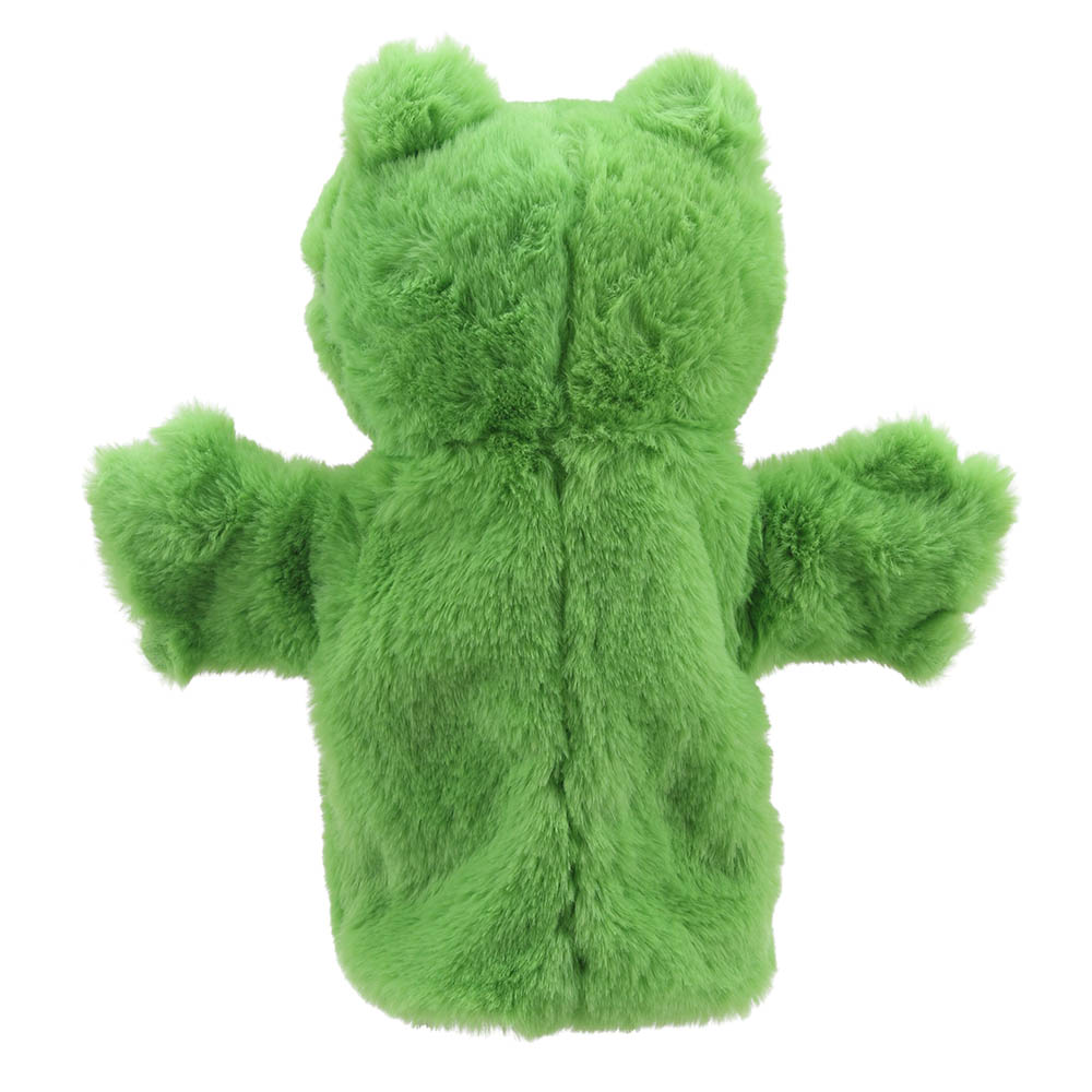 The Puppet Company baby hand puppet frog, back view with pointed ears and green fur