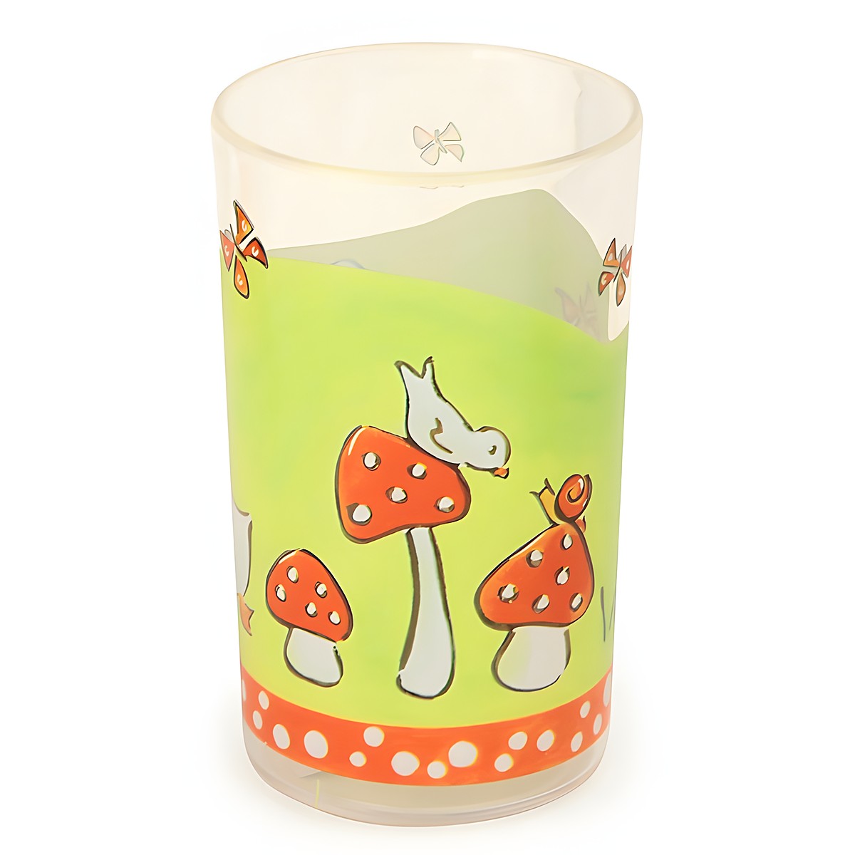 Egmont Toys Trinkglas Pilze, gruenes Glas mit Vogel, Schnecke und Fliegenpilzen, rot-weiss gepunkteter Rand