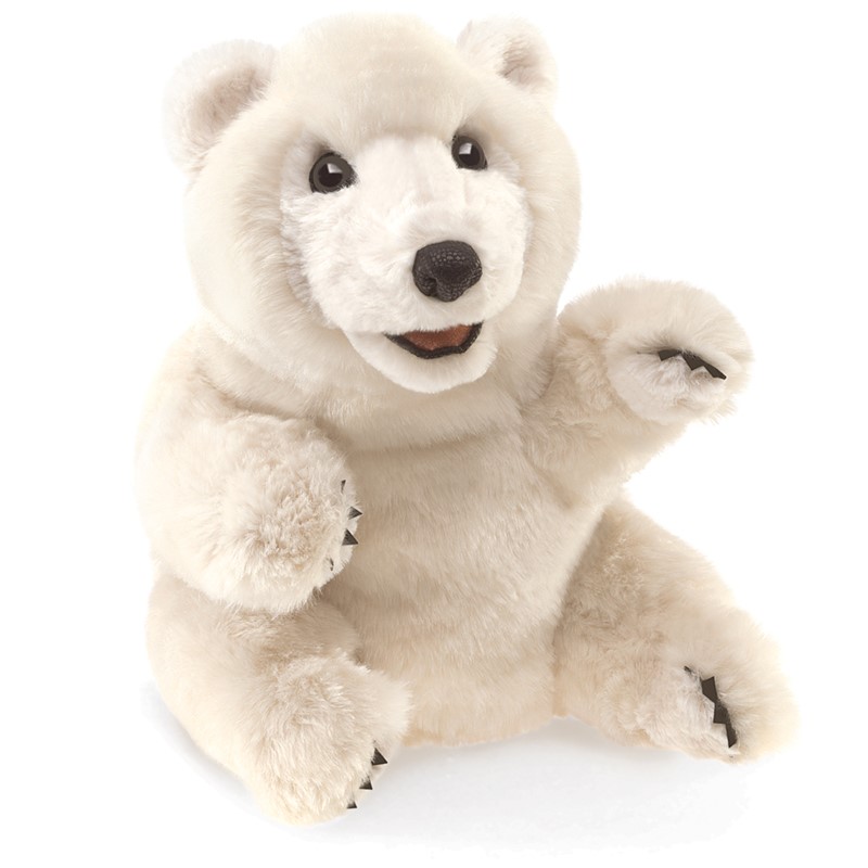 Folkmanis Handpuppe sitzender Eisbär mit geöffnetem Maul und erhobener Pranke, weißes Plüschfell, Frontalansicht