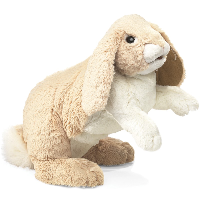 Folkmanis Handpuppe kuscheliges Häschen in Beige-Weiß mit langen Schlappohren, sitzend, Schrägansicht