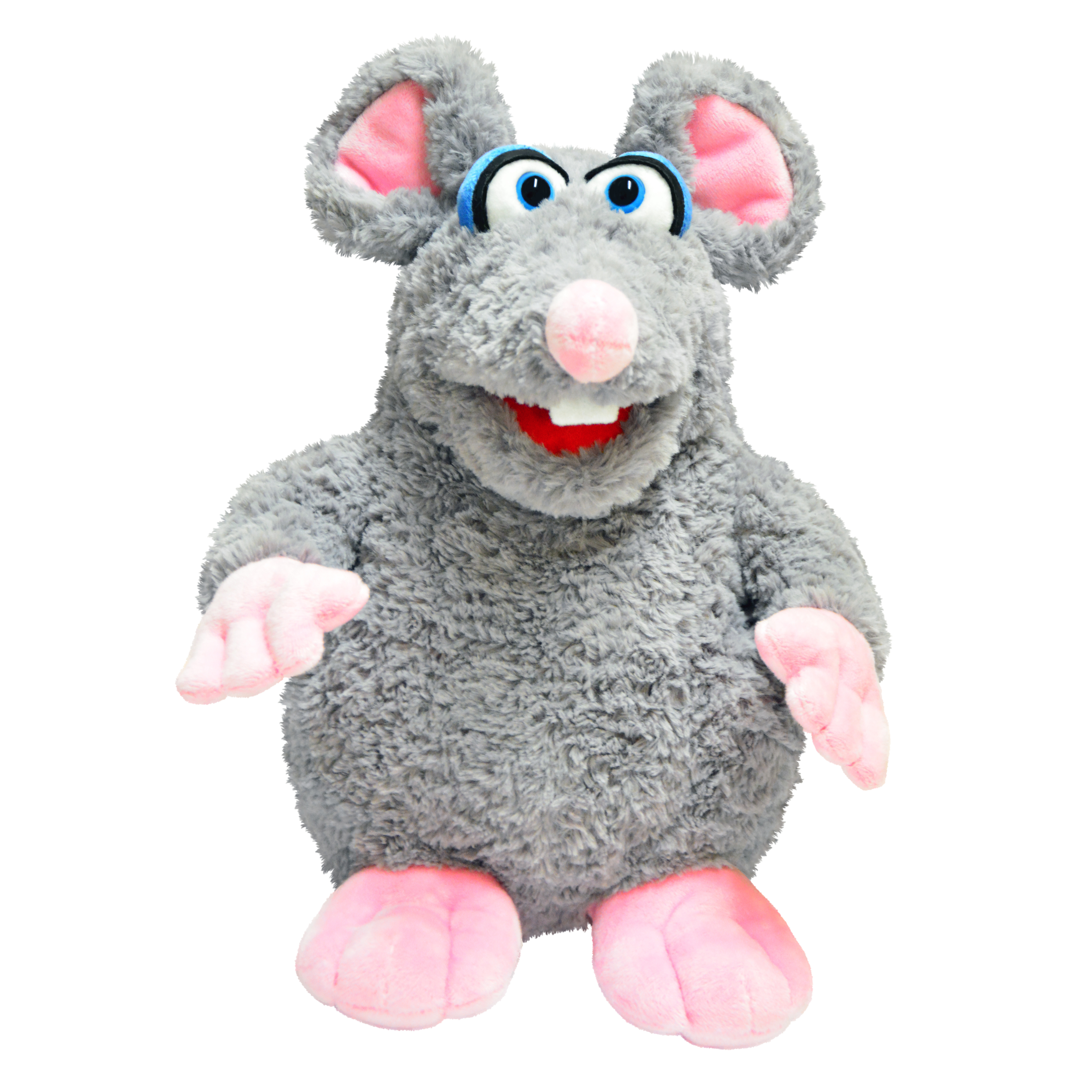 Living Puppets hand puppet Klette the mouse with grey plush fur, a round belly, pink ears and paws and an open mouth