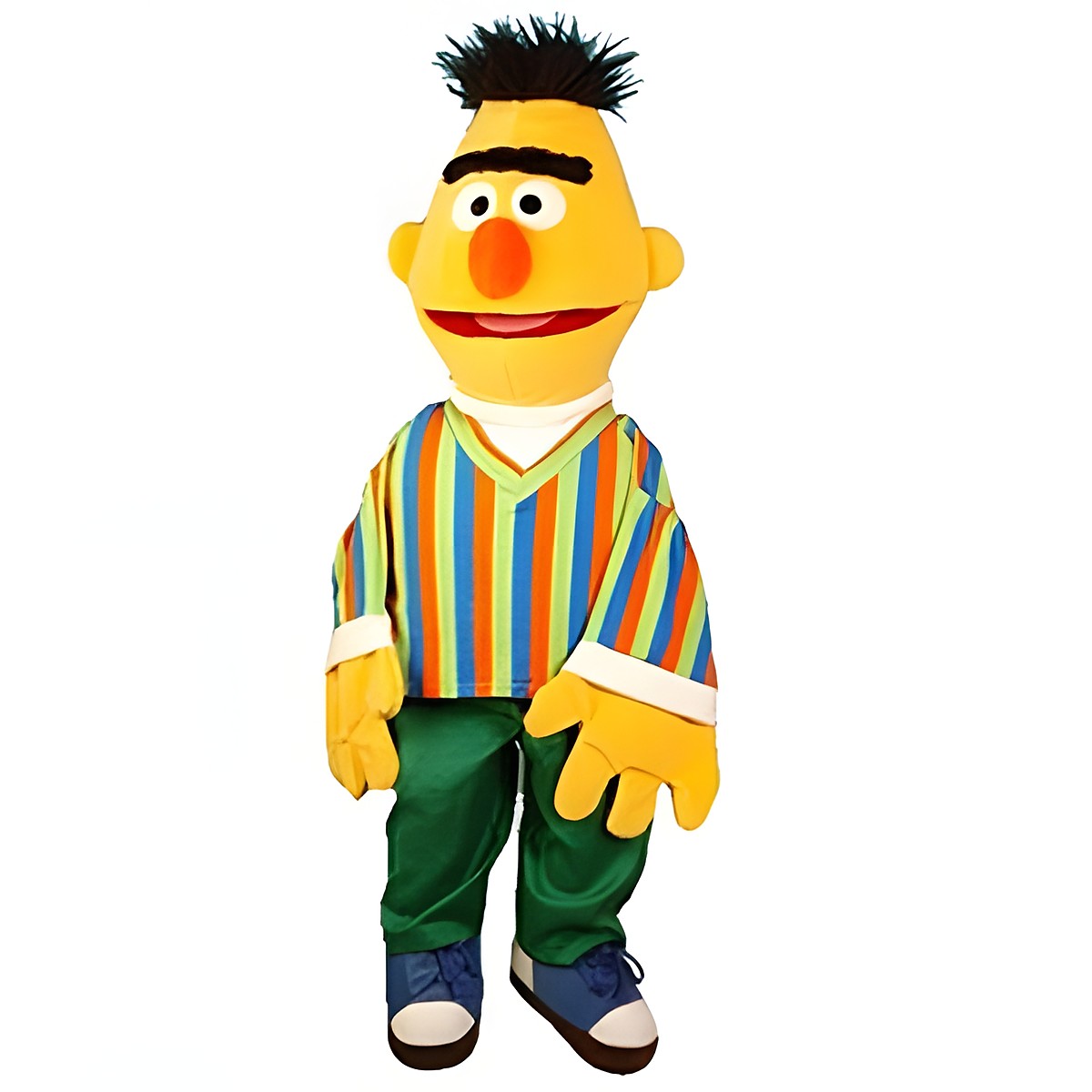 Living Puppets Handpuppe Kleiner Bert aus der Sesamstraße mit gelbem Kopf, schwarzer Augenbraue und bunt gestreiftem Pullover