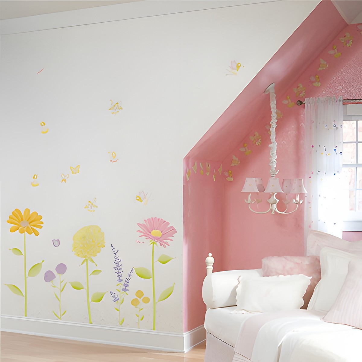RoomMates Wandbild Fairy Garden, bunte Blumenmotive mit Feen an einer Dachschrägenwand neben einer rosafarbenen Schräge im Kinderzimmer