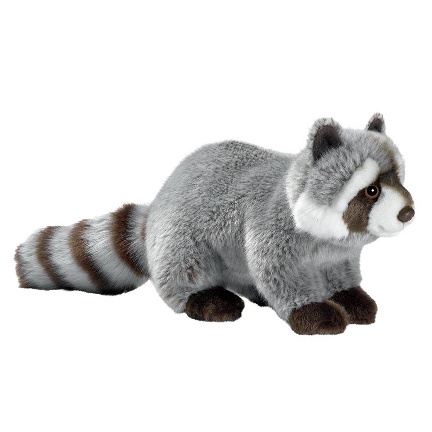 Waschbär Kuscheltier von Anima mit grauem Fell, dunkler Augenmaske und braun geringeltem Schwanz, stehend
