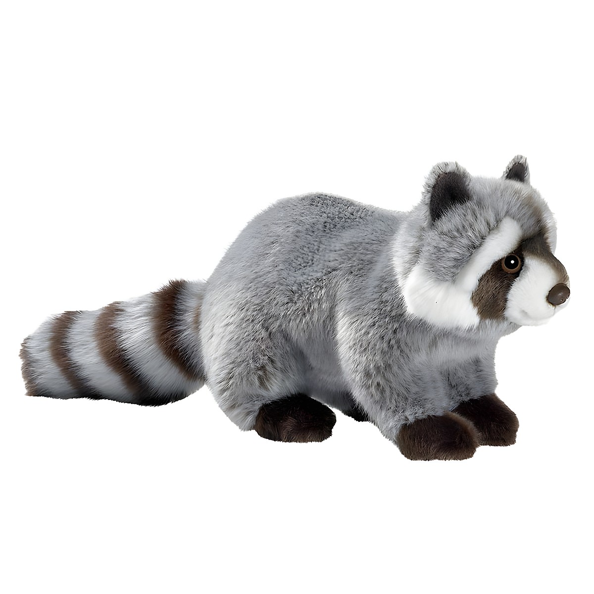 Waschbär Kuscheltier von Anima mit grauem Fell, dunkler Augenmaske und braun geringeltem Schwanz, stehend