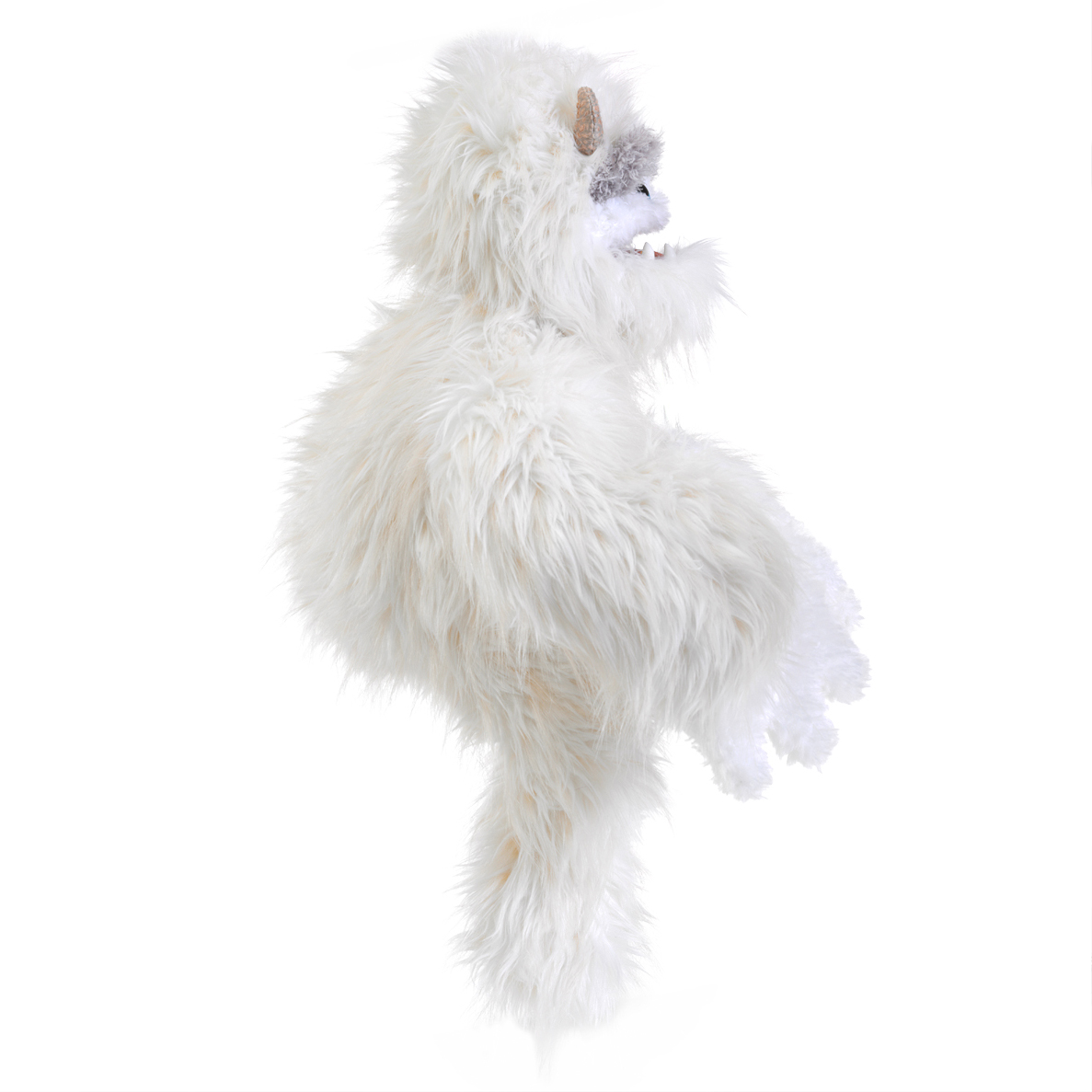 Folkmanis Handpuppe Yeti aus der Seite, weißes Langflor-Plüsch, geöffnetes Maul mit sichtbaren Zähnen, aufgerichtete Haltung