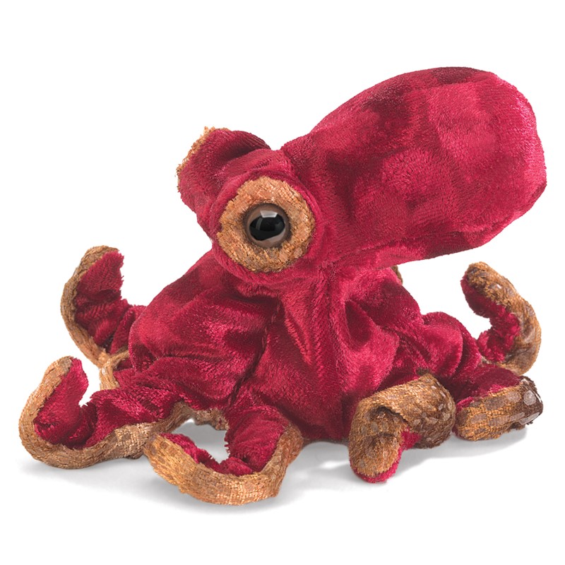 Folkmanis mini octopus finger puppet in dark red with brown tentacle tips and a large glass eye, angled view