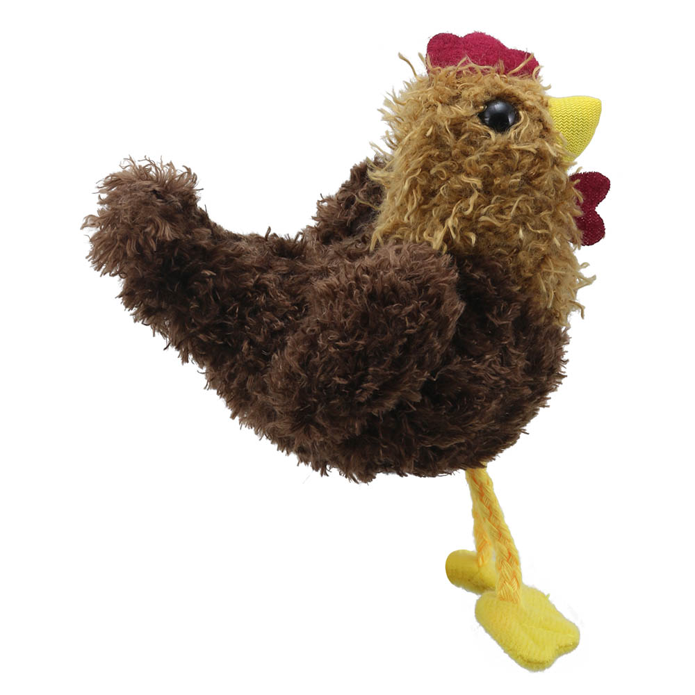 The Puppet Company finger puppet hen, brown shaggy finger puppet with an outstretched wing, side view