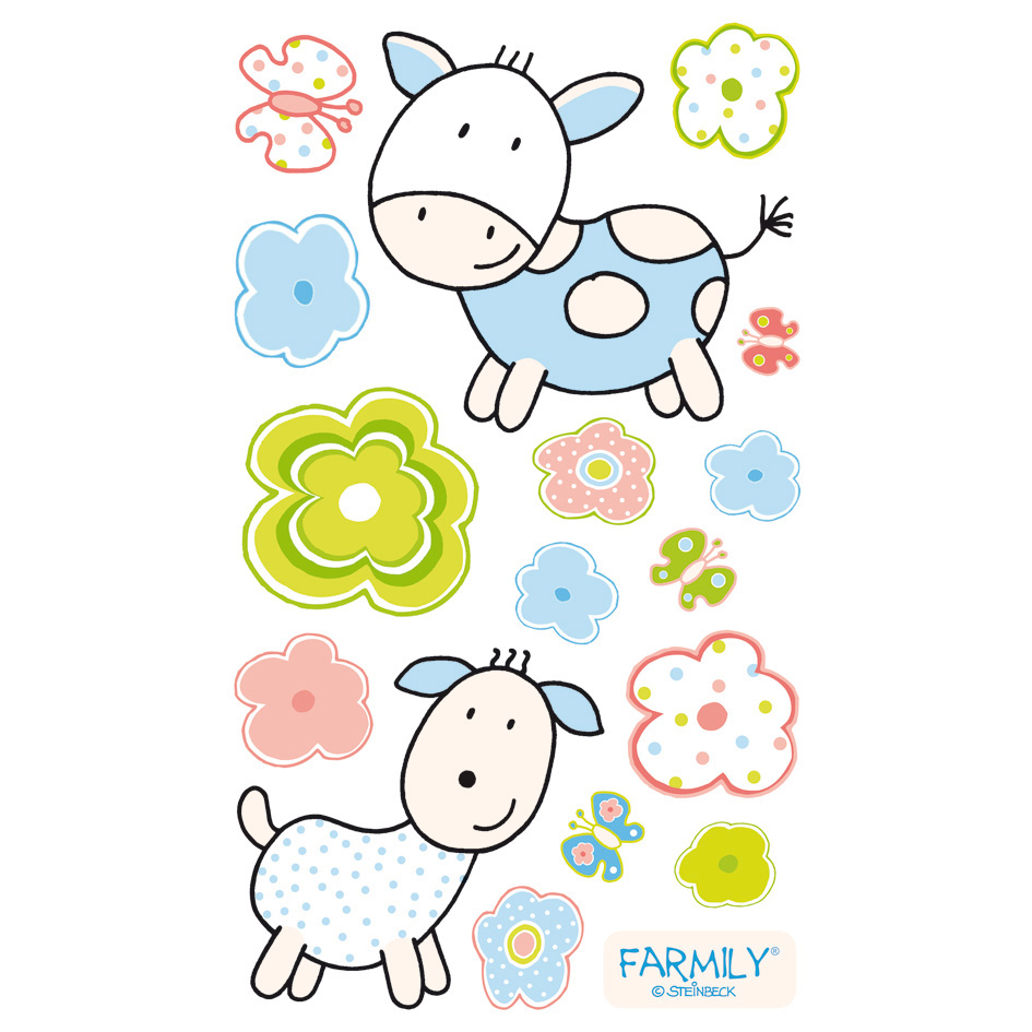 Dinico Sticker-Sortiment Farmily, stehende Kuh- und Schaf-Figur zwischen grünen, rosa und blauen Blumenmotiven mit Schmetterling