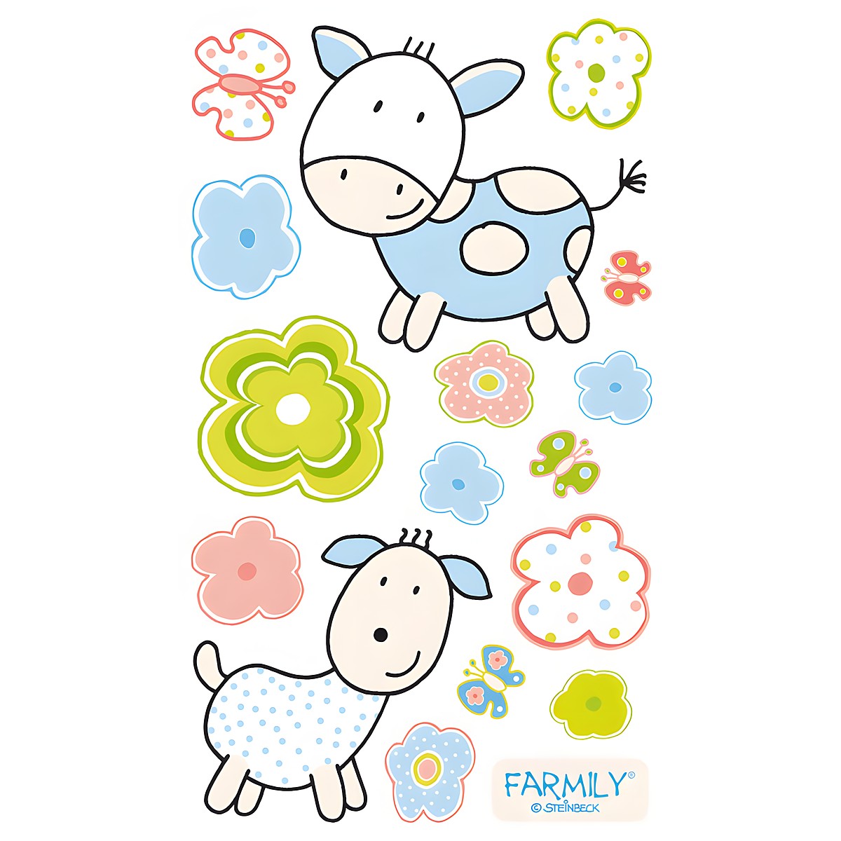 Dinico sticker set Farmily, standing calf and lamb figure among green, pink and blue flower motifs with a butterfly