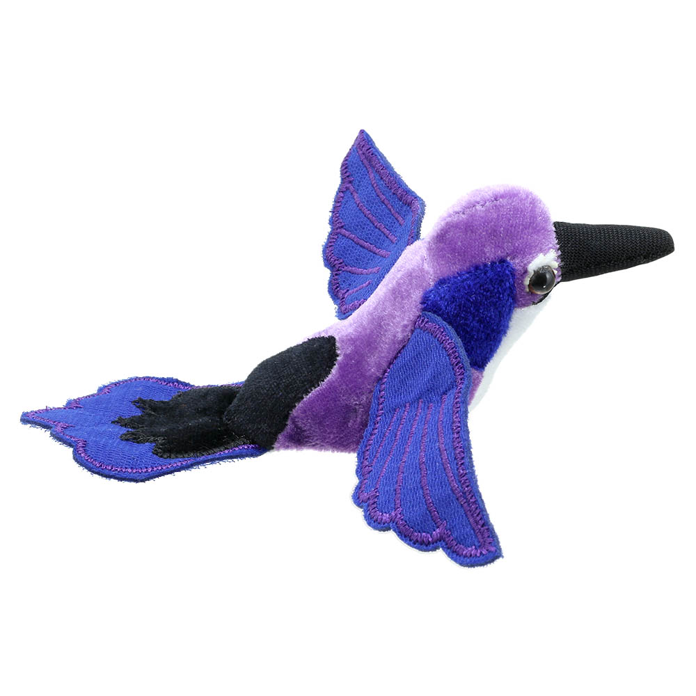 The Puppet Company finger puppet hummingbird, purple hummingbird with blue wings, side view in flight