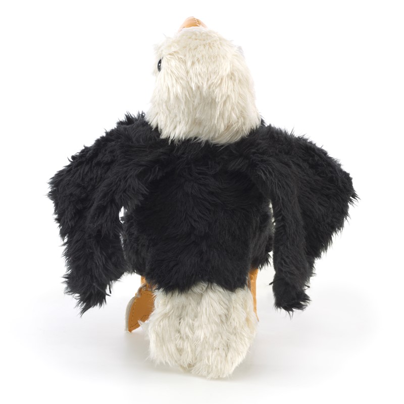 Folkmanis Fingerpuppe mini Weißkopfseeadler von hinten, schwarzes Gefieder mit ausgebreiteten Flügeln und weißem Kopf