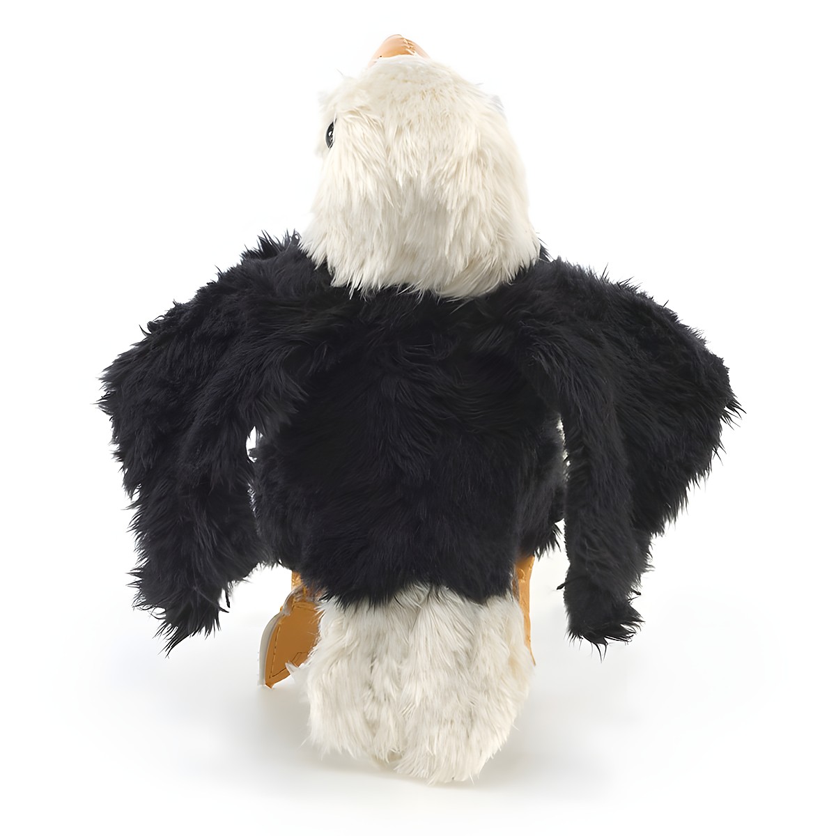 Folkmanis Fingerpuppe mini Weißkopfseeadler von hinten, schwarzes Gefieder mit ausgebreiteten Flügeln und weißem Kopf