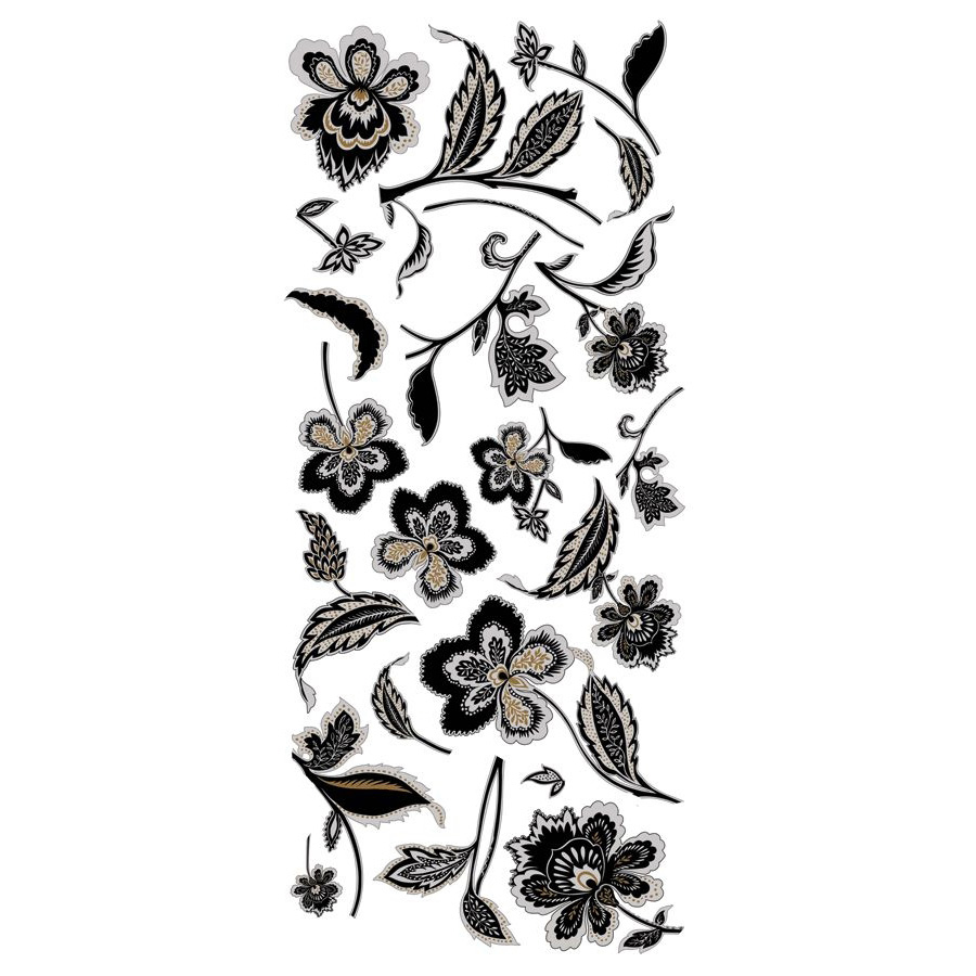 RoomMates Wandbild Jazzy Jacobean Peel & Stick, Klebebogen mit schwarz-goldenen Blüten- und Blattmotiven auf weißem Untergrund