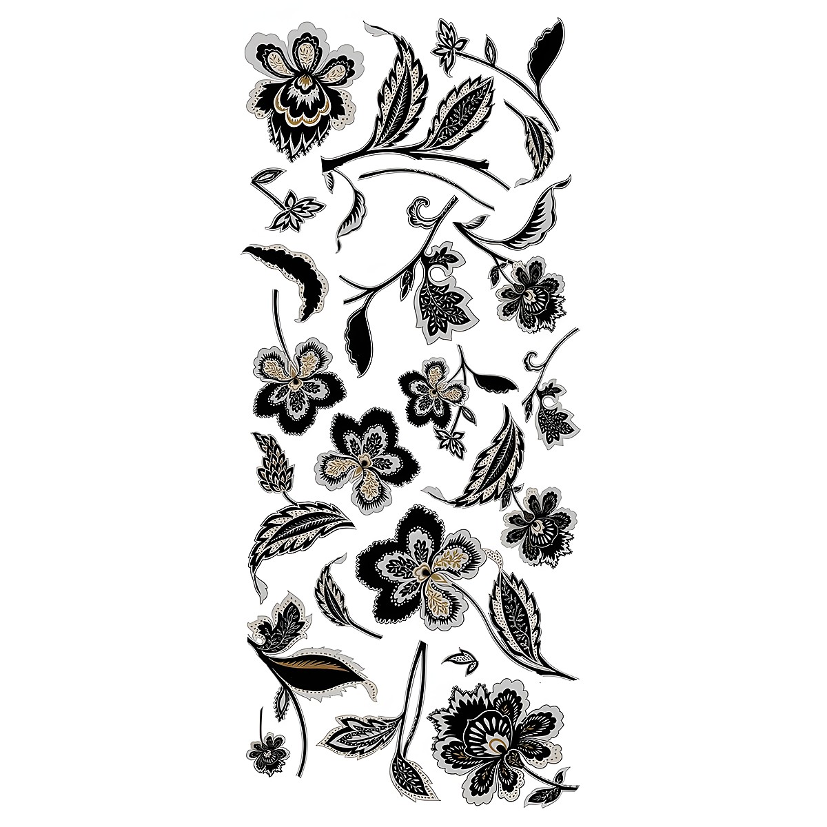RoomMates Wandbild Jazzy Jacobean Peel & Stick, Klebebogen mit schwarz-goldenen Blüten- und Blattmotiven auf weißem Untergrund
