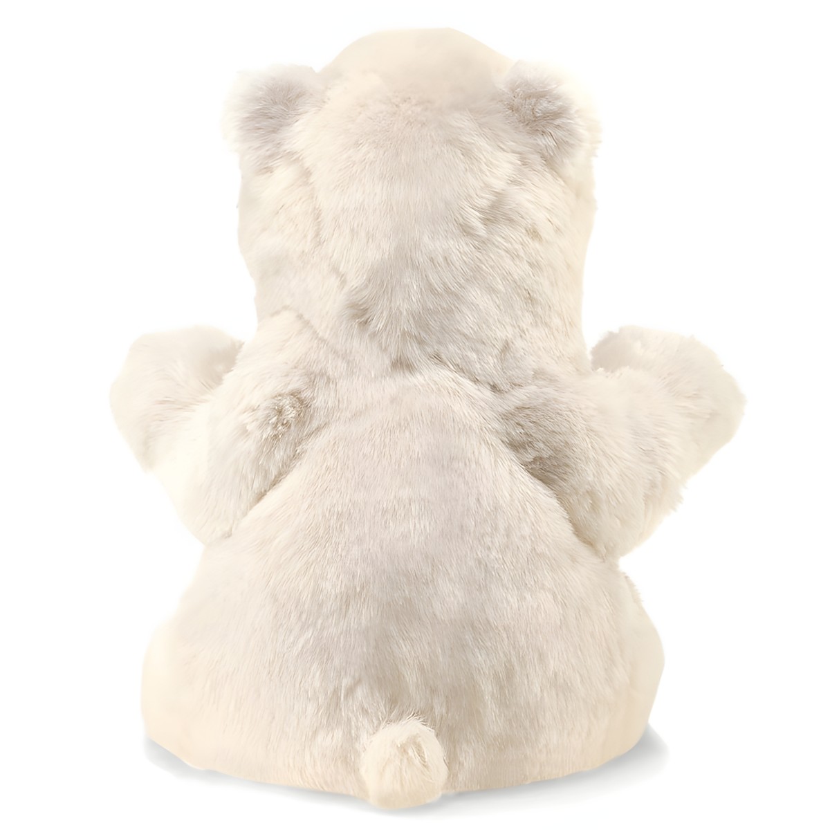 Folkmanis Handpuppe sitzender Eisbär in cremeweiß, Rückenansicht mit abstehenden Armen und rundem Schwanzansatz