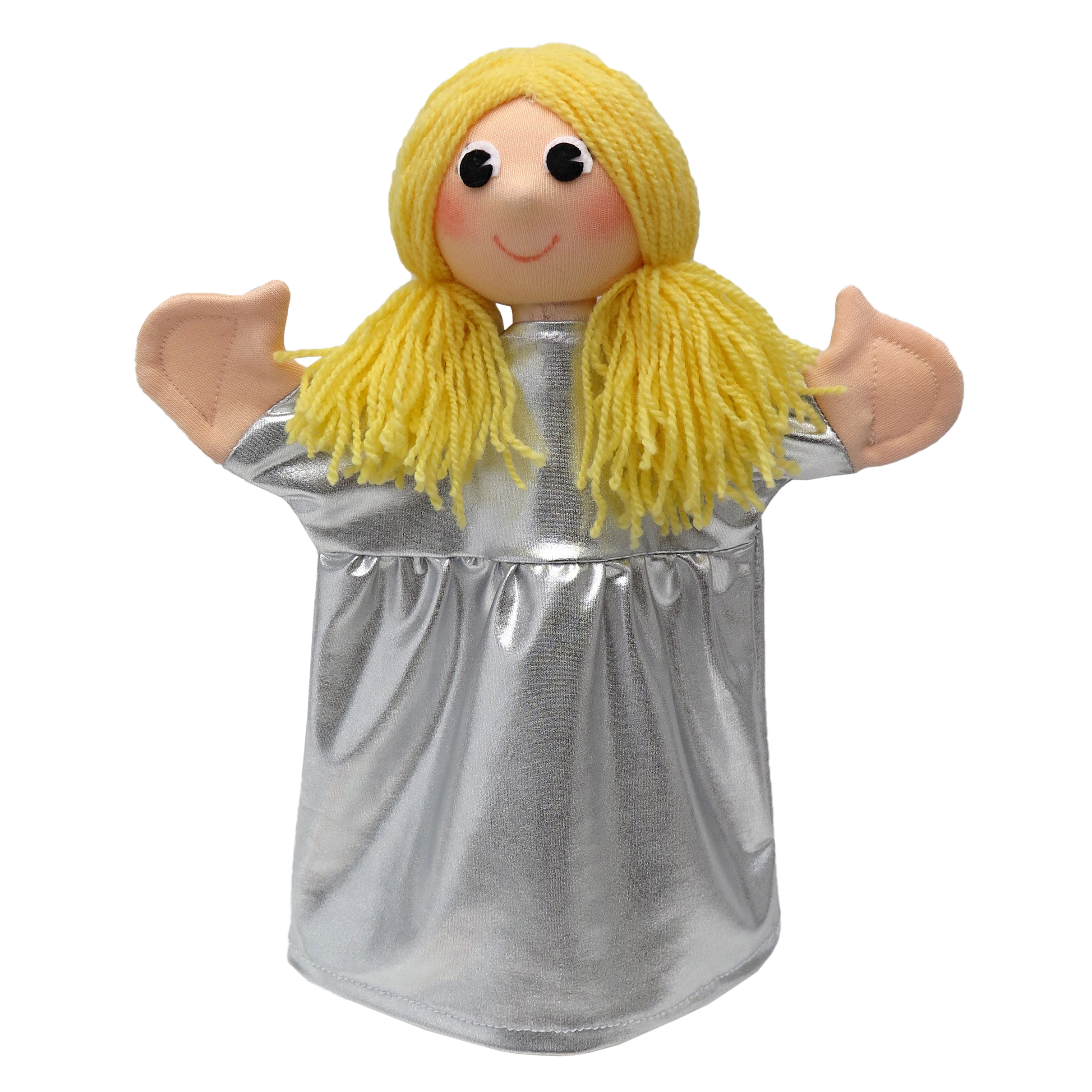 Kasperlepuppe Prinzessin Eselshaut von munabo mit blondem Wollhaar und silbern glänzendem Kleid