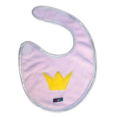 Trullala bib princess, lilac terry-cloth bib with a yellow crown appliqué and hook-and-loop fastener