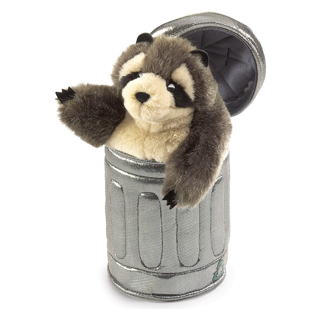 Folkmanis hand puppet raccoon in a silver garbage can with open lid, brown-beige plush fur, one paw reaching out