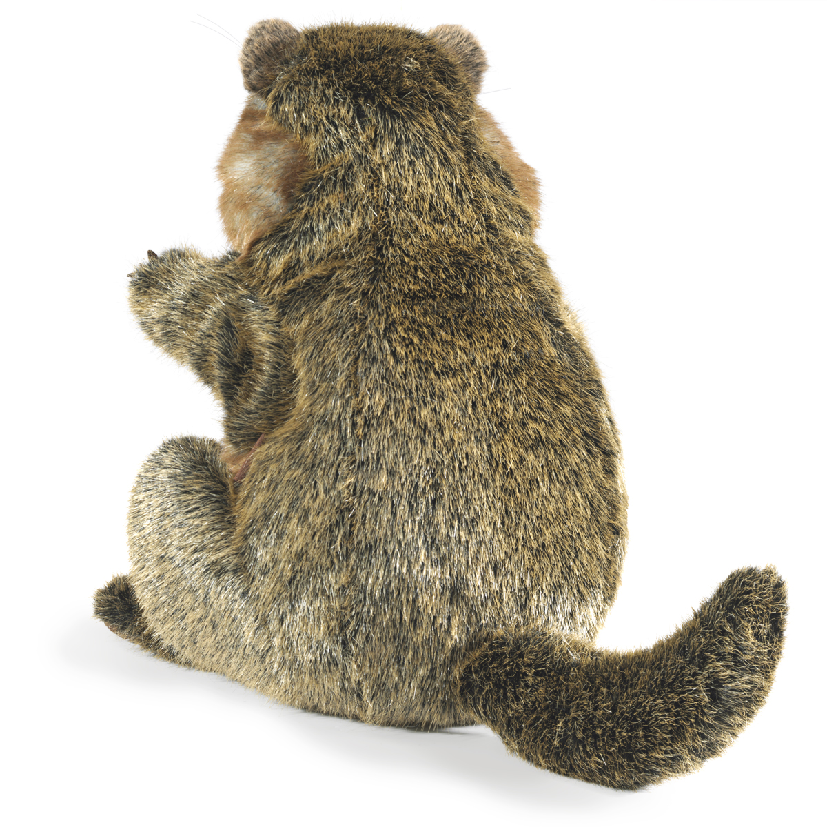 Folkmanis Handpuppe Murmeltier von hinten, sitzend, mit buschigem Schwanz und braun-grauem Fell