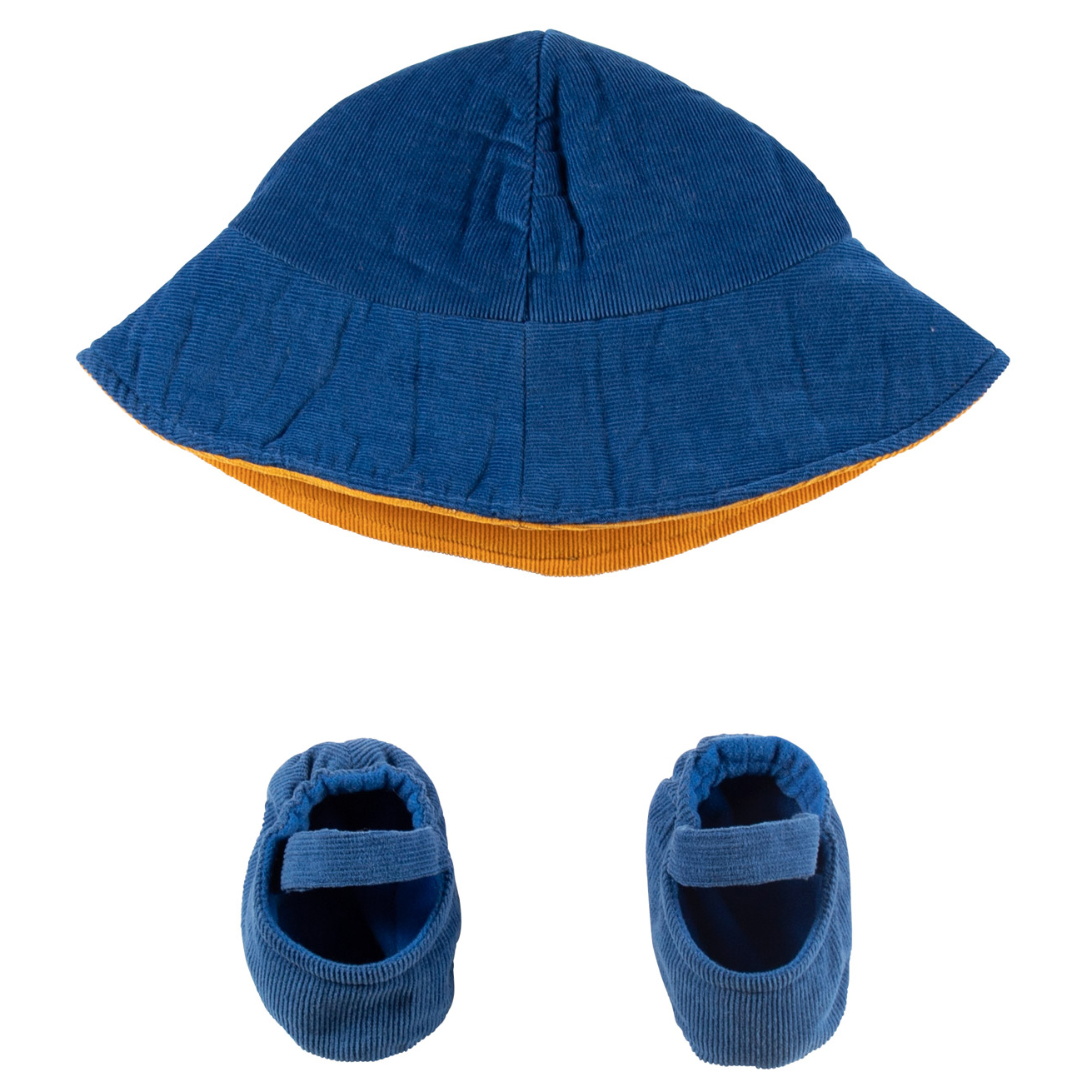 Joyk Kleiderset Wind & Wetter: blauer Wendehut mit gelber Innenseite und blaue Cordschuhe