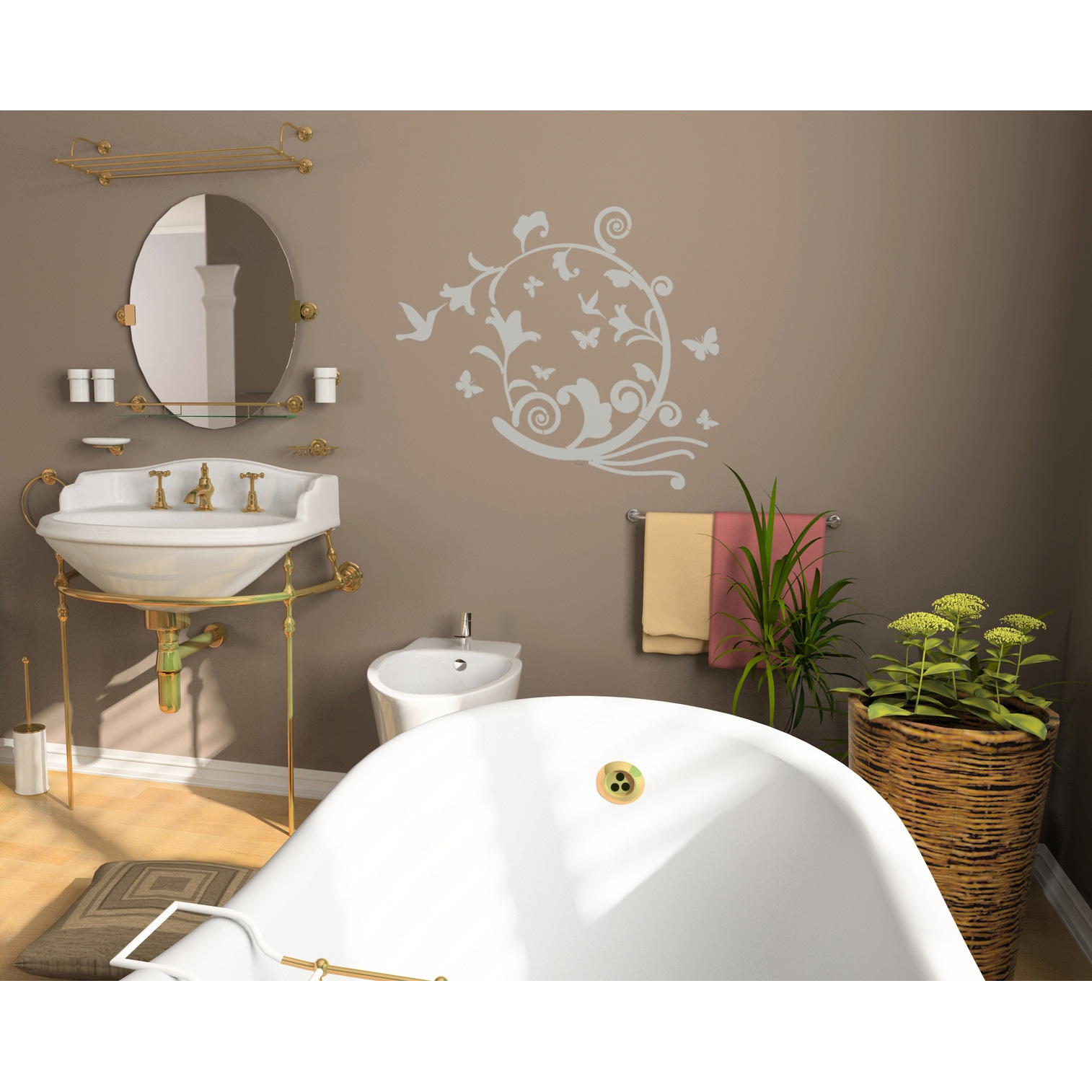 RoomMates wall decal Graphic Oval Peel & Stick, infographic with measurements, motif count and a usage example of the oval vine ornament