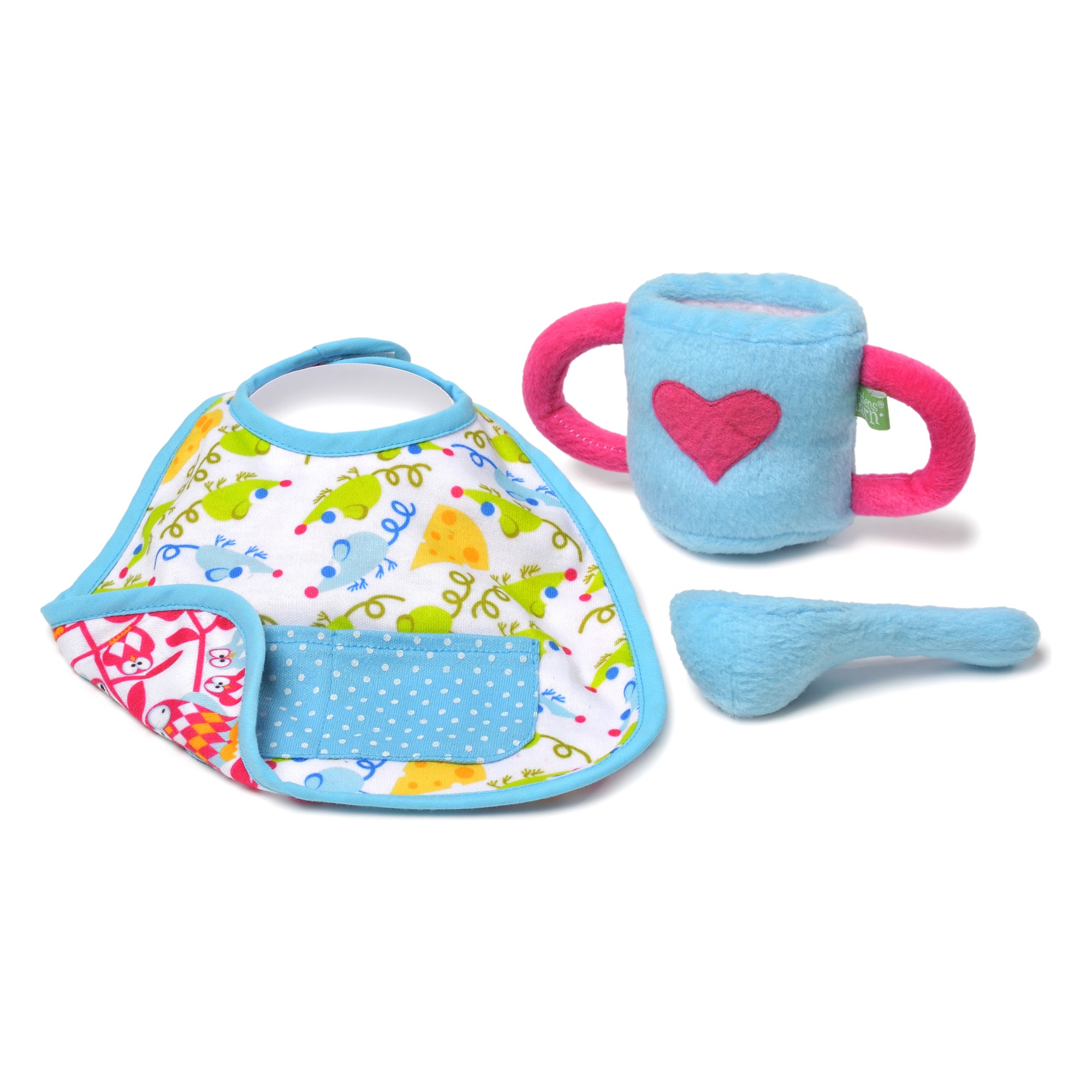 Feeding kit by Rubens Barn: plush cup with heart, spoon and colourful bib for Rubens Babies