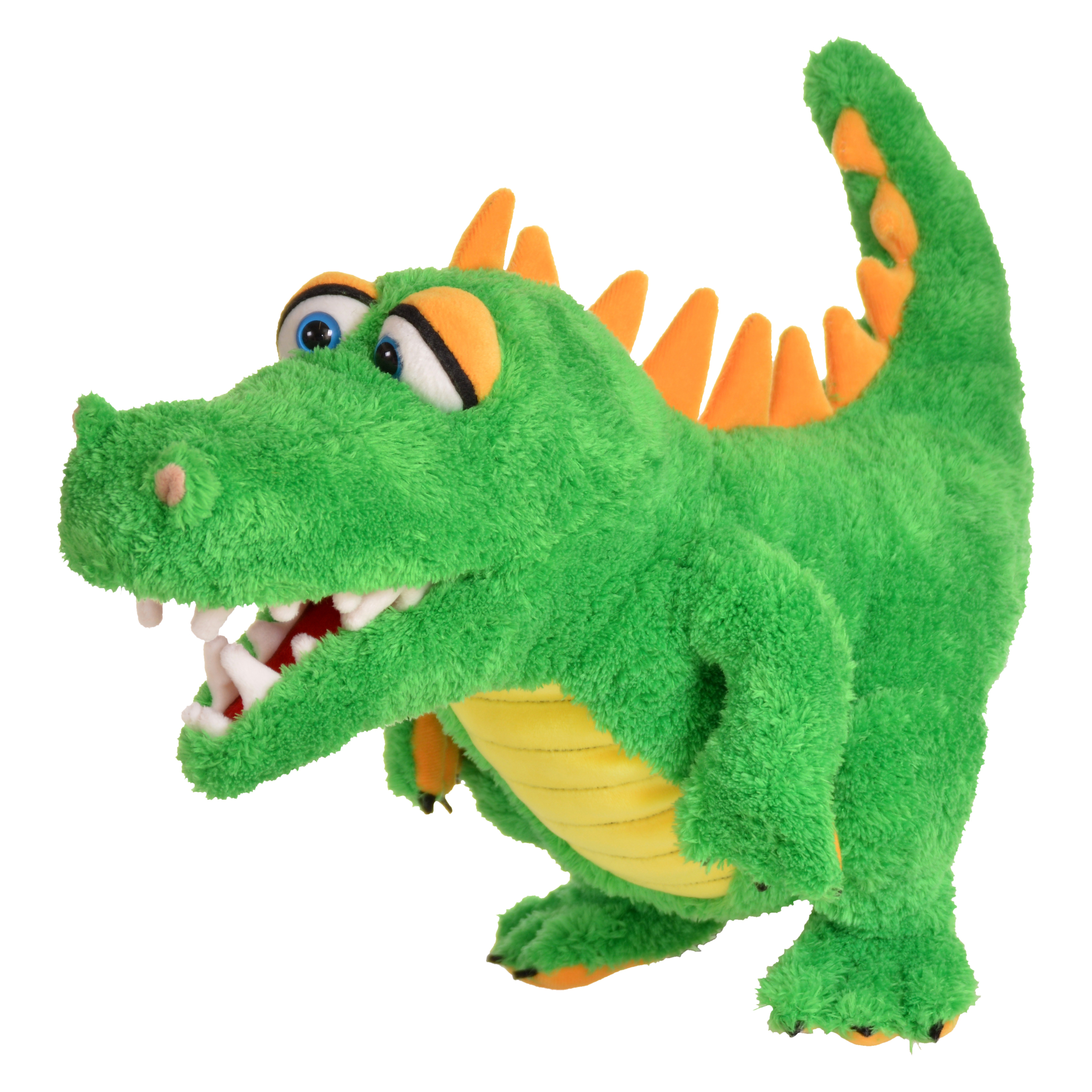 Living Puppets hand puppet Travis the crocodile with green plush fur, orange spikes on its back and an open mouth with white teeth, side view