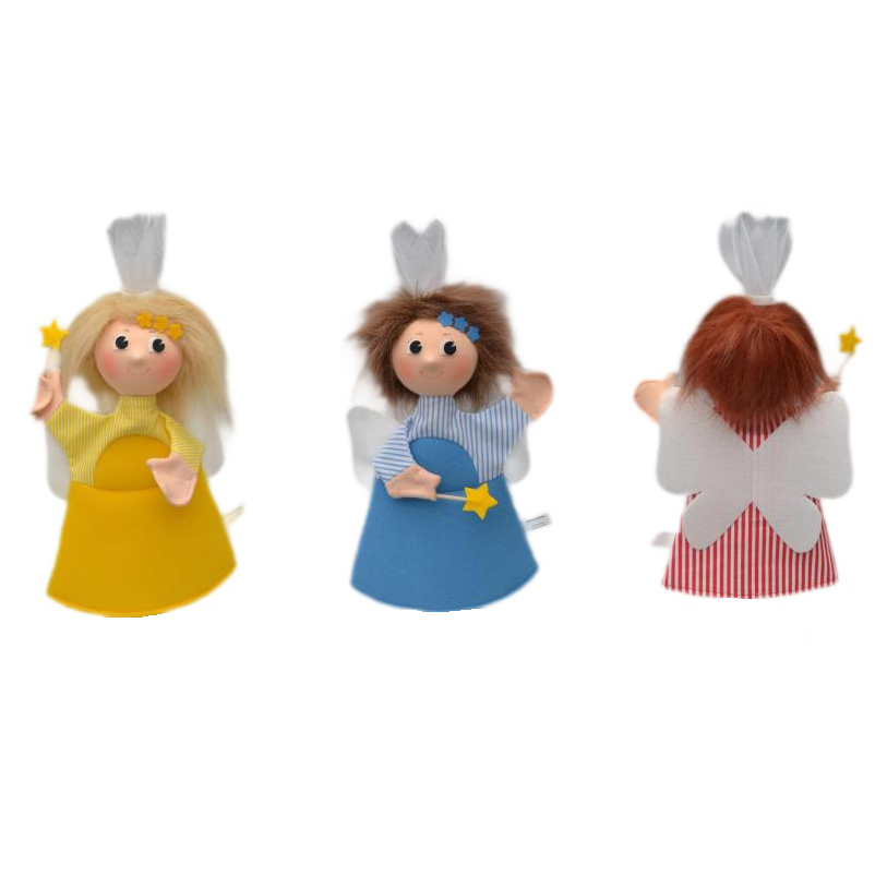 Kasperlepuppen-Set 4-teilig von munabo, die drei Feen-Helferinnen einzeln in Gelb, Blau und Rot mit weißen Flügeln.