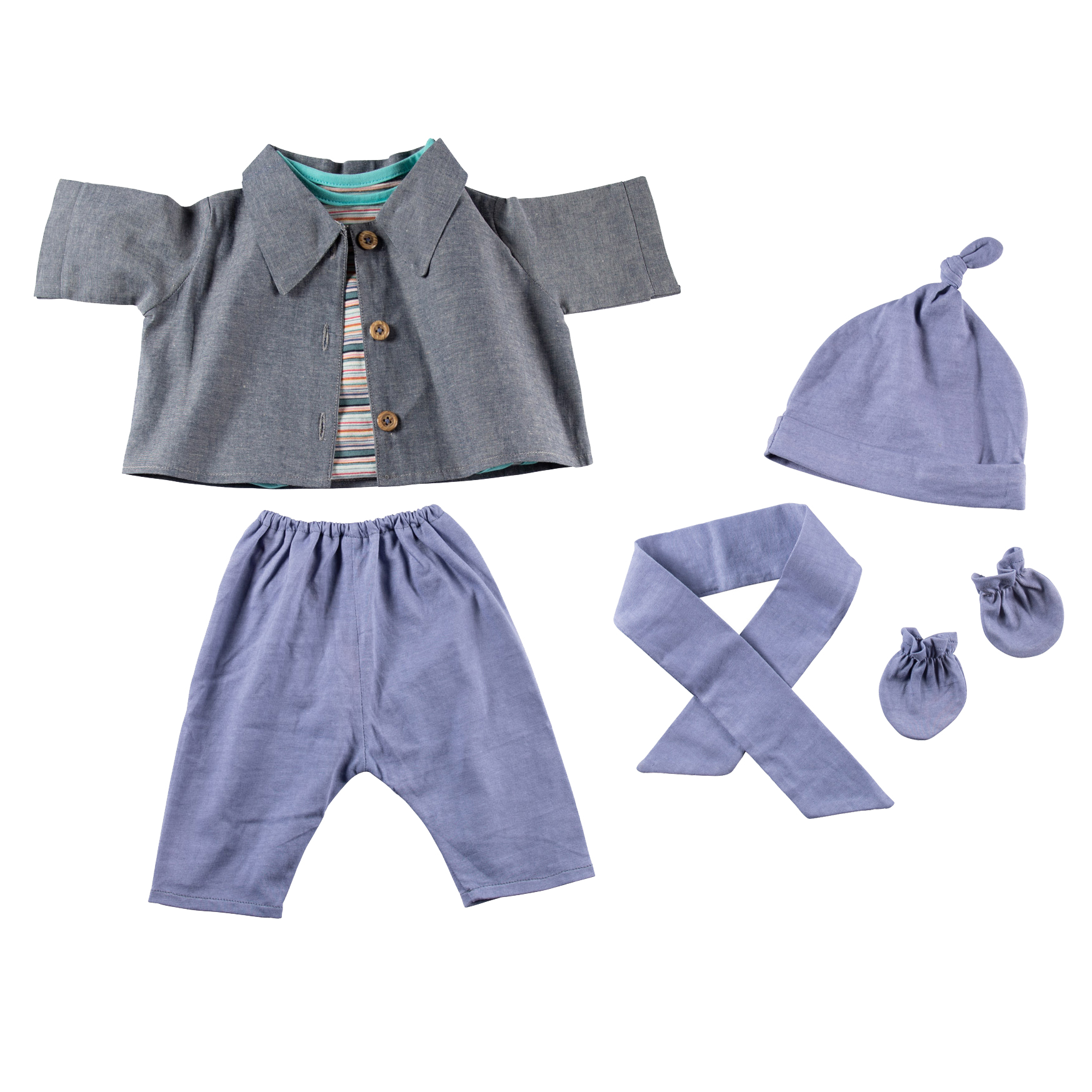 Joyk Kleiderset Denim-Look für Empathiepuppen: Hemdjacke, Hose, Knotenmütze, Schal und Handschuhe