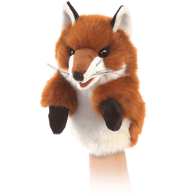 Folkmanis Handpuppe Kleiner Fuchs mit rostrotem Fell, weißer Brust und schwarzen Pfoten, auf einer Hand geführt