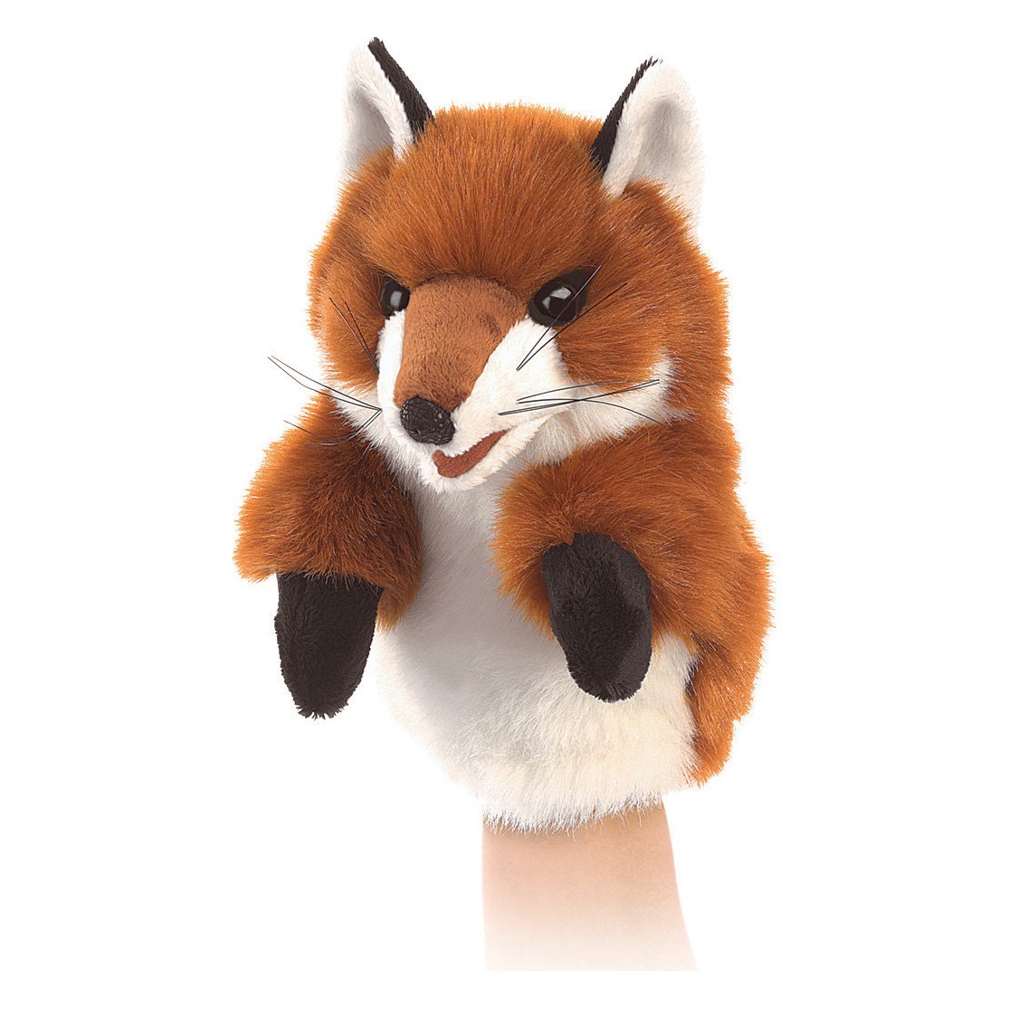 Folkmanis Handpuppe Kleiner Fuchs mit rostrotem Fell, weißer Brust und schwarzen Pfoten, auf einer Hand geführt