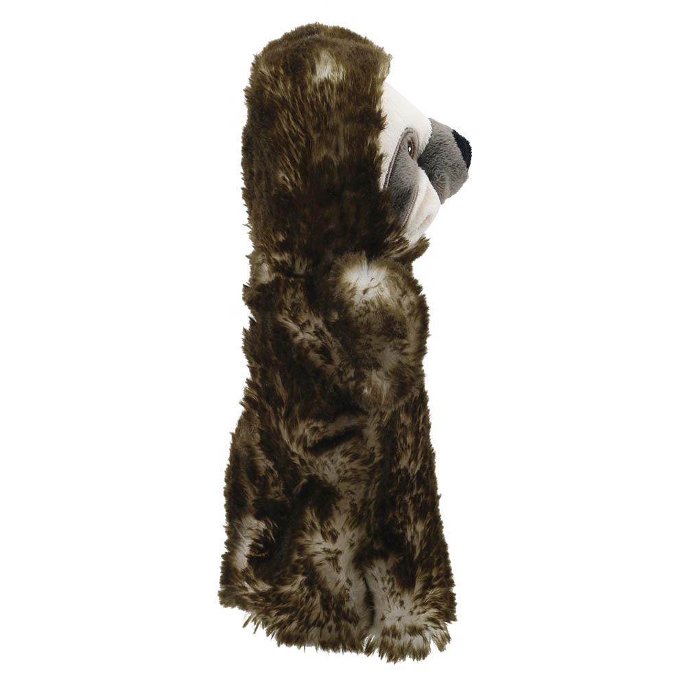 The Puppet Company baby hand puppet sloth, close-up of the head in profile with a dark snout