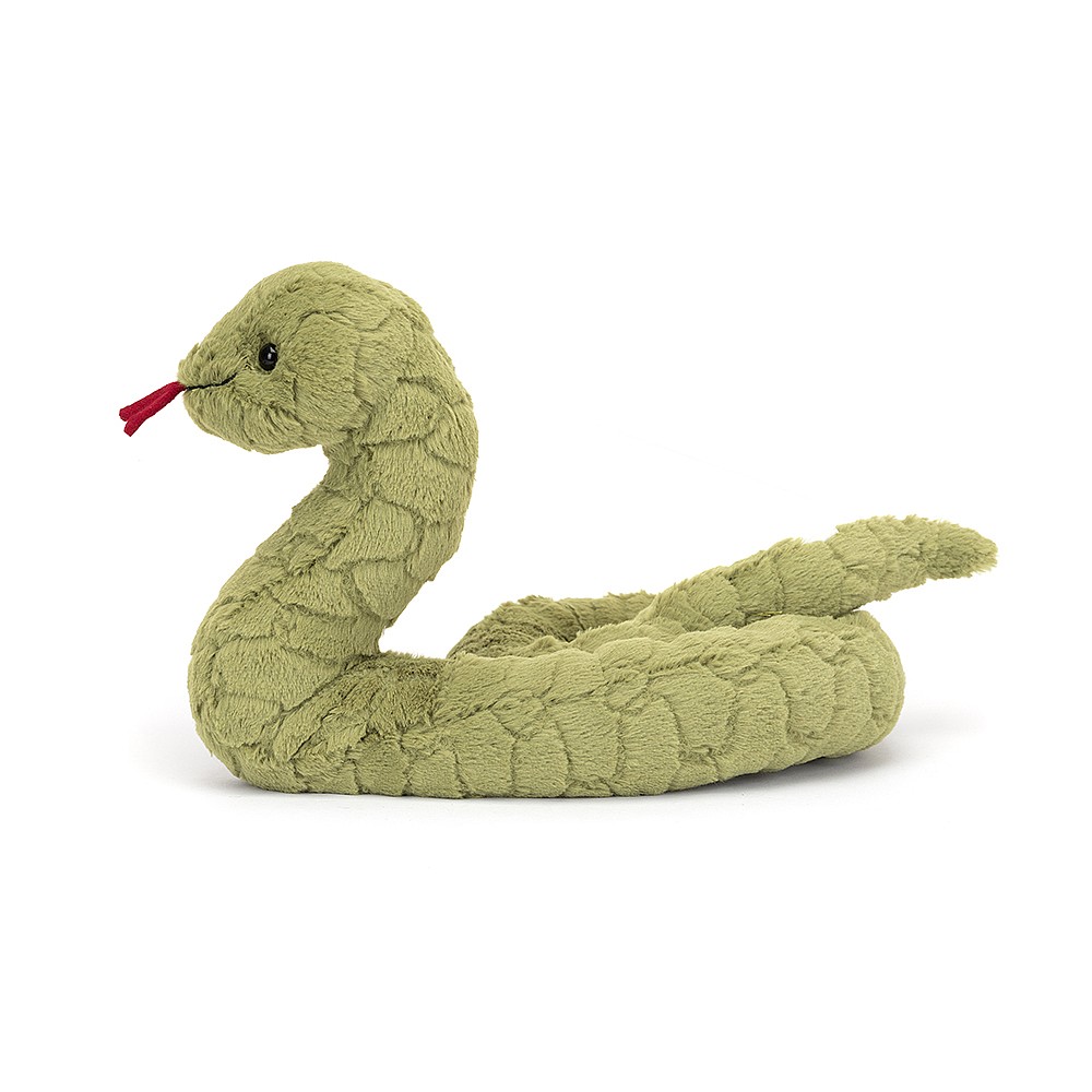 Jellycat Kuscheltier Schlange Stevie Snake, olivgrünes Plüschtier mit roter Zunge, geringelt liegend, Seitenansicht